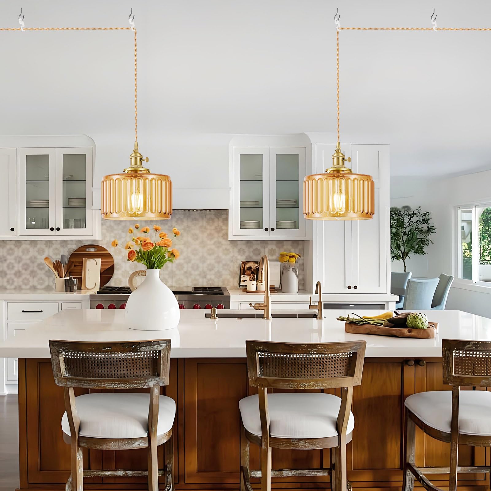 Beserwin Plug In Pendant Light  Hanging Lights With Plug In Cord  Hanging Light Fixture With Clear Glass  E26 Pendant Lighting For Kitchen Island  Bedroom  Dining Room- Amber Color