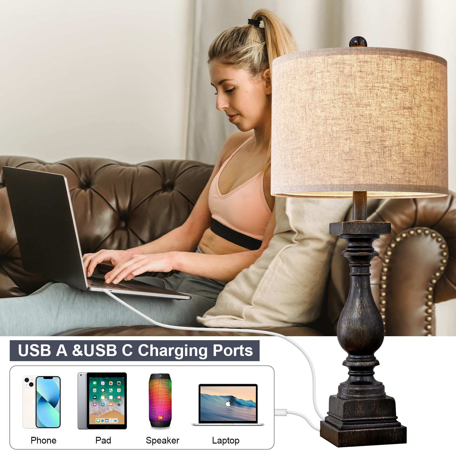 BOBOMOMO 27" Farmhouse Table Lamp Set of 2 - Vintage Rustic Bedside Lamps with USB A+C - Black, Model AMZ-T279USB-BLG