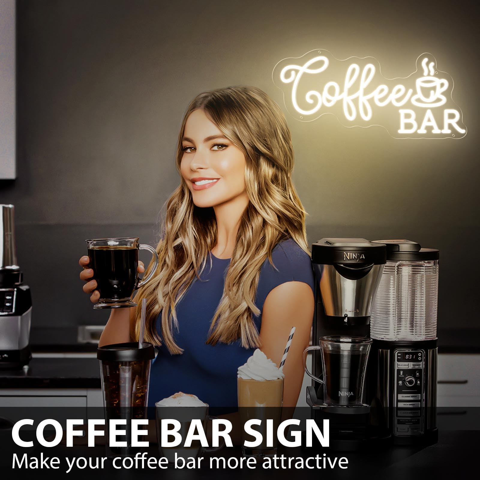 MinIeoh Coffee Bar Neon Sign, Dimmable Warm White LED, USB Powered, 15x7 inches, Silicone Material, Model FTNHD-COFFEEBAR