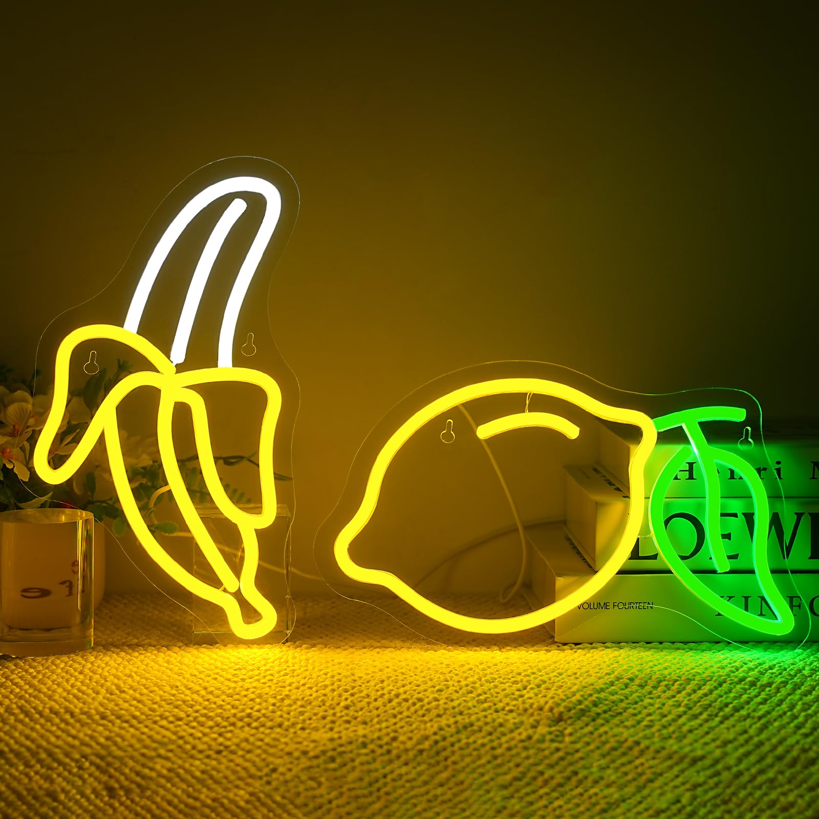 Wanxing Neon Sign Set of 2 - Banana & Lemon Lights, USB Powered Acrylic Art, 11.8in x 5.9in, Colorful for Kids Room Wall Decor