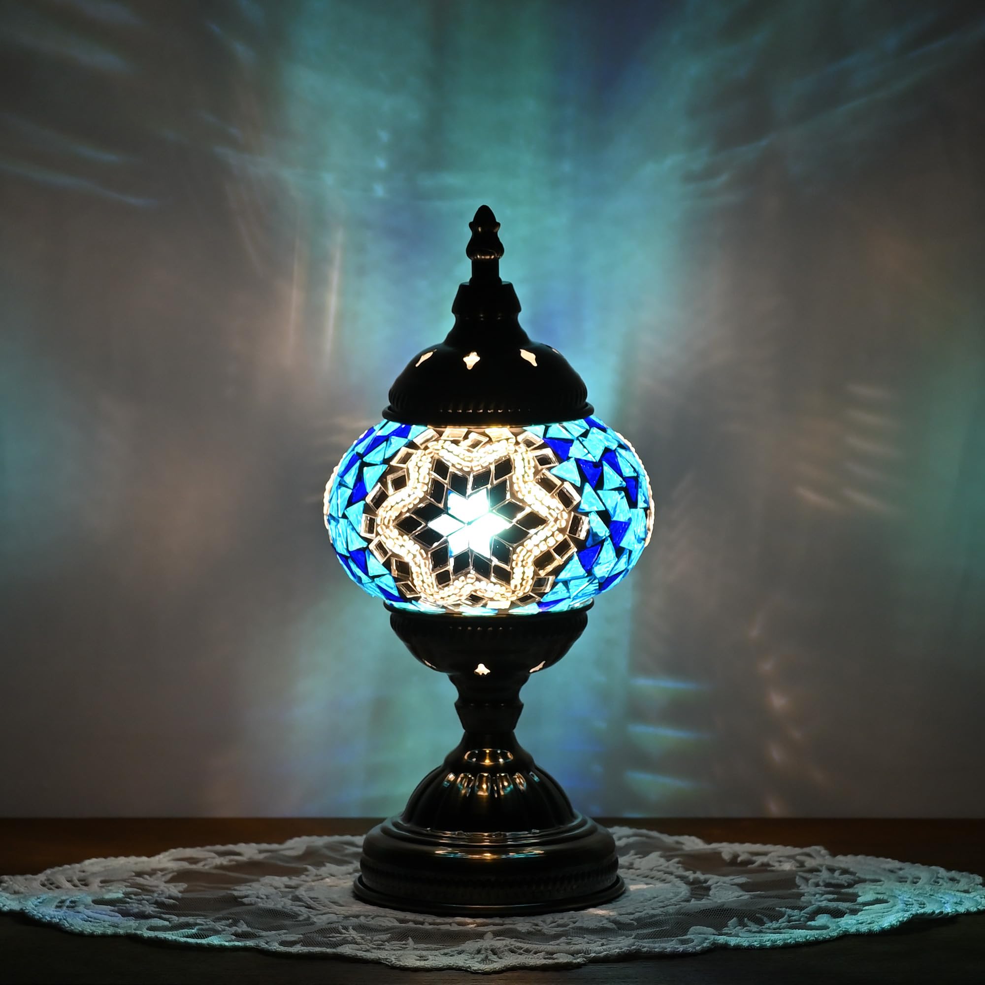 GOGERS Moroccan Table Lamp with Handmade Mosaic Glass Shade, Tiffany Style, Blue White, Model GS-HH-Y8