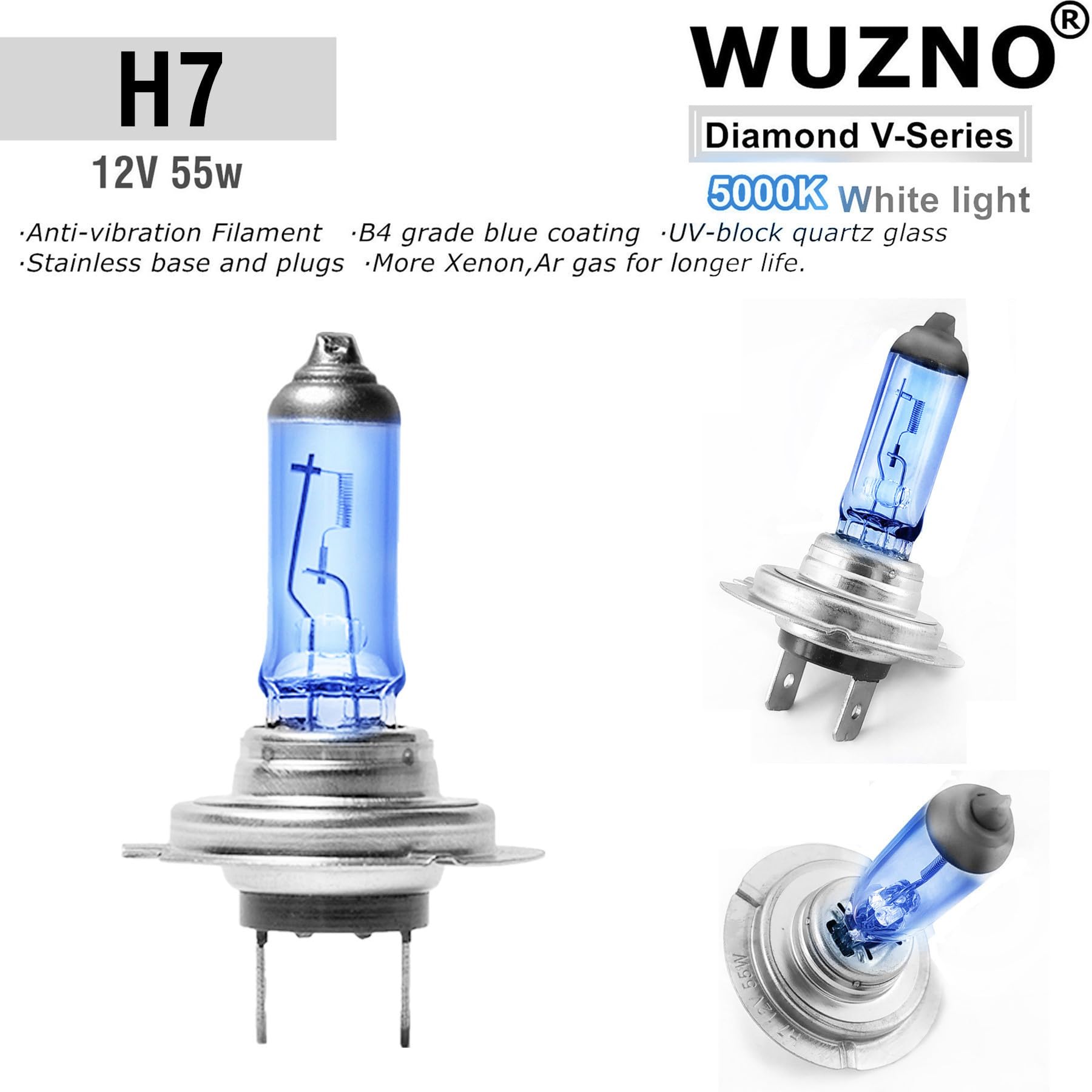 Wuzno H7 Halogen Headlight Bulb 12V 55W 5000K Super Bright Replacement 2-Pack