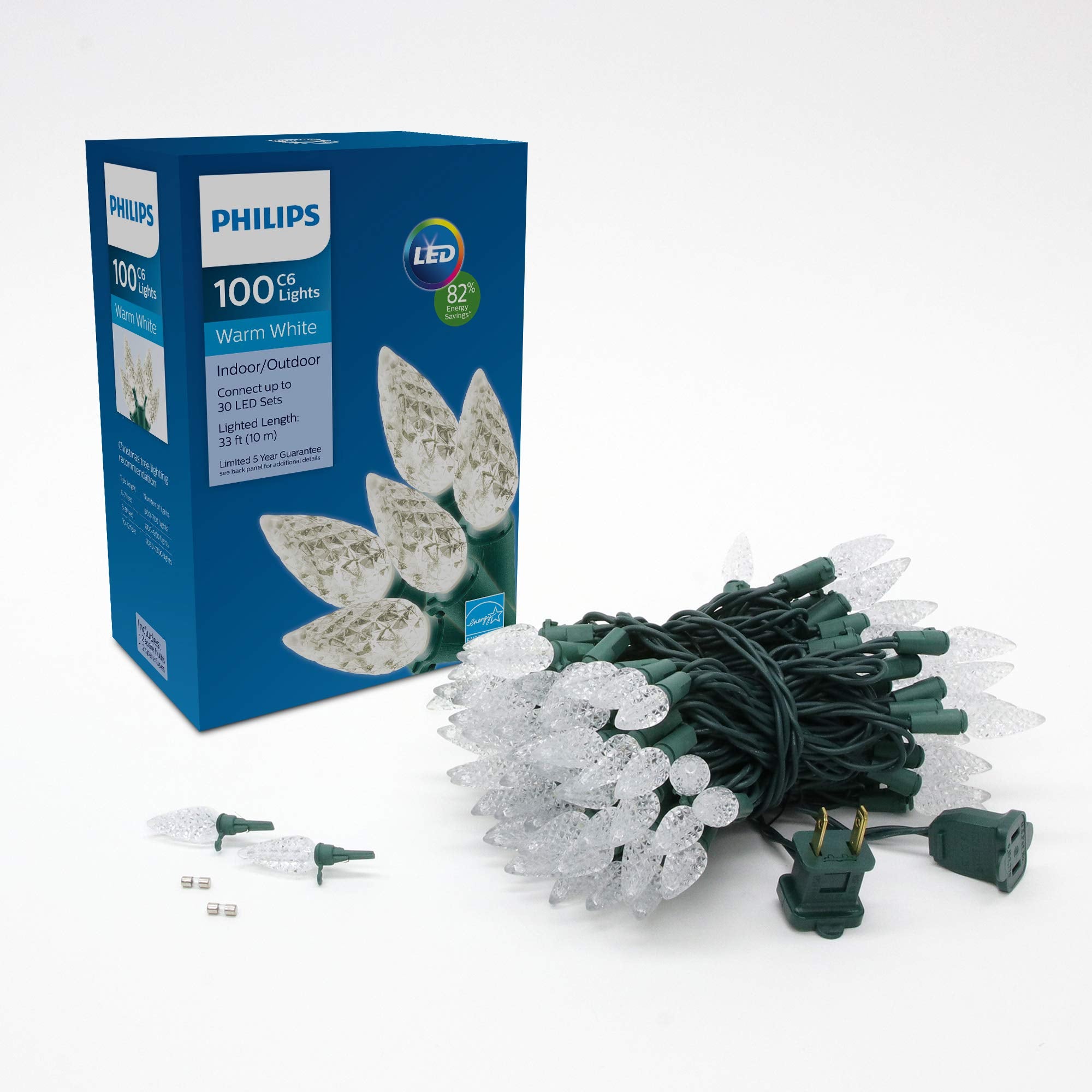 Philips C6 Christmas Lights - 100 LED Warm White, 35.33 Length, Green Wire, UL Listed for Indoor/Outdoor Use, Model 638000-278