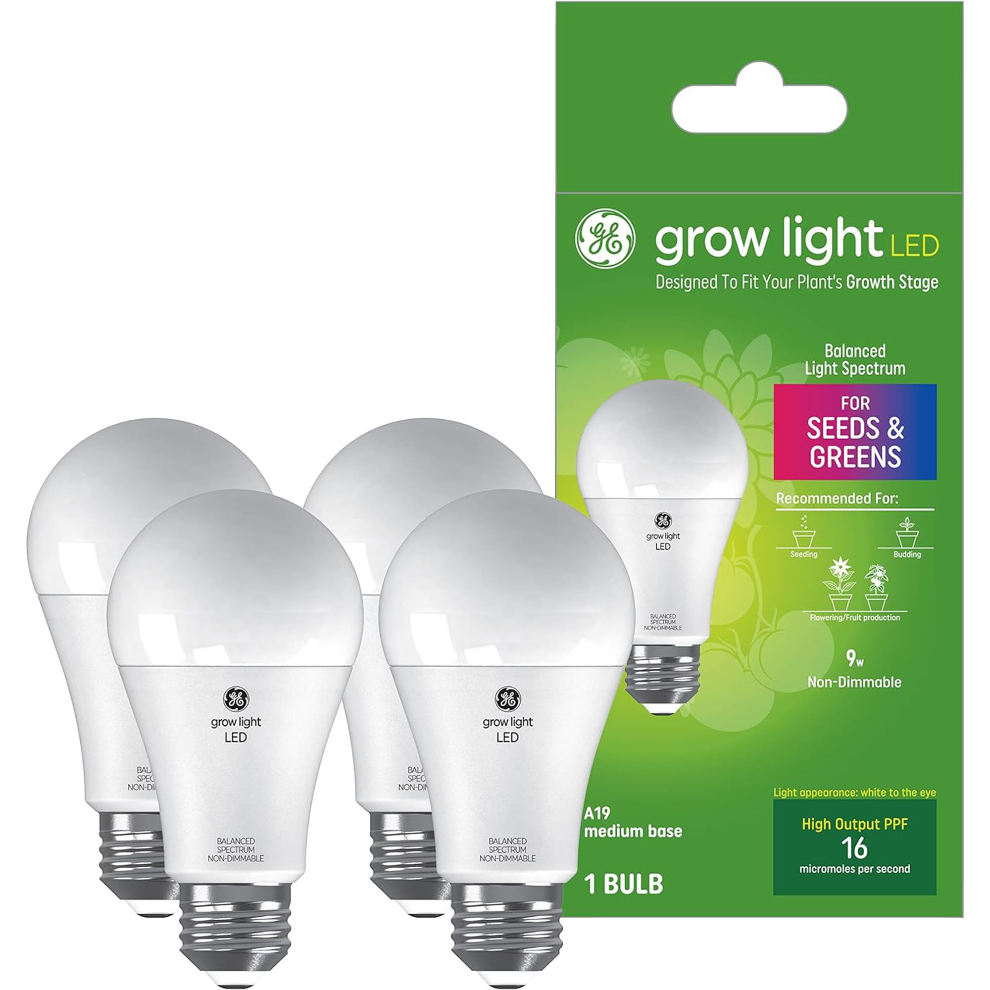 GE Grow Lights for Indoor Plants  A19 LED Light Bulbs for Seeds and Greens with Balanced Light Spectrum  White Indoor Plant Light  25 000 Hours Lifespan  16 PPF  4 Pack (Packaging May Vary)