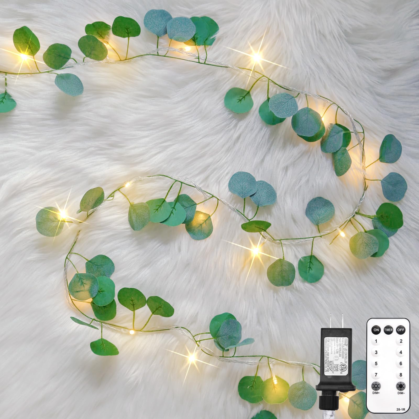 suddus Vines with Lights Plug in, 33ft 100 LED Eucalyptus Garland String Light Connectable with Remote, Leaf Lights for Bedroom,