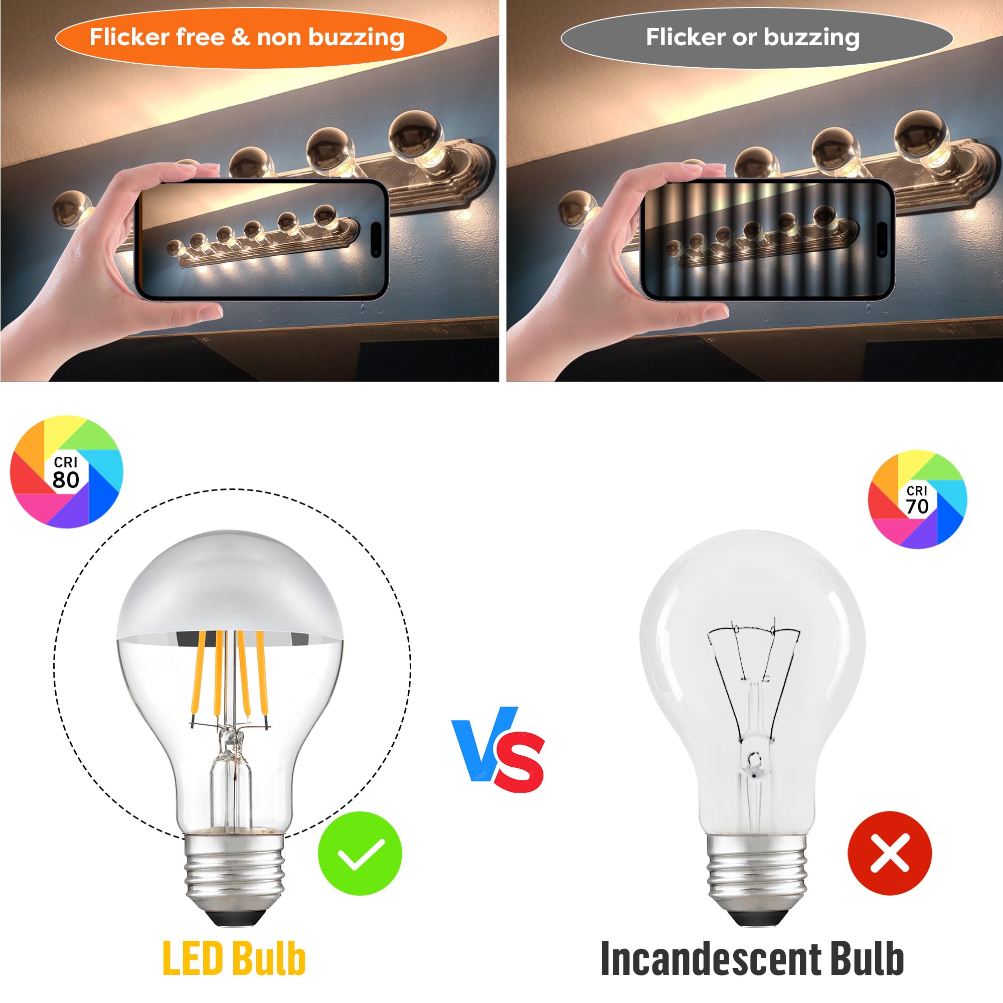 Half Chrome Light Bulb,Dimmable A19/A60 Silver Tipped Light Bulbs Silver Top Dipped Coated Light Bulb,Mirror Light Bulbs 4W(40W