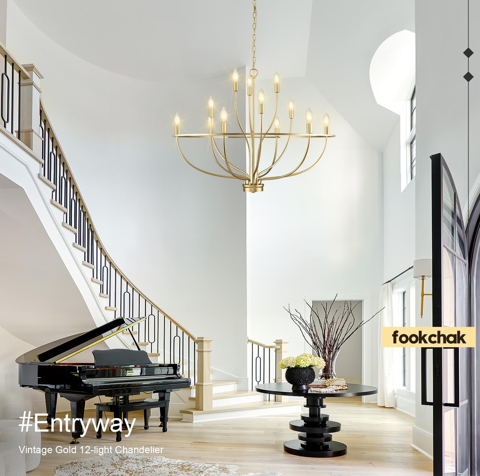 Fookchak Large Gold Chandelier, 12 Light Foyer Chandelier High Ceiling 36Inch Modern Brass Living Room Light Fixture Metal Candle Chandelier For Kitchen Entryway Living Room Bedroom