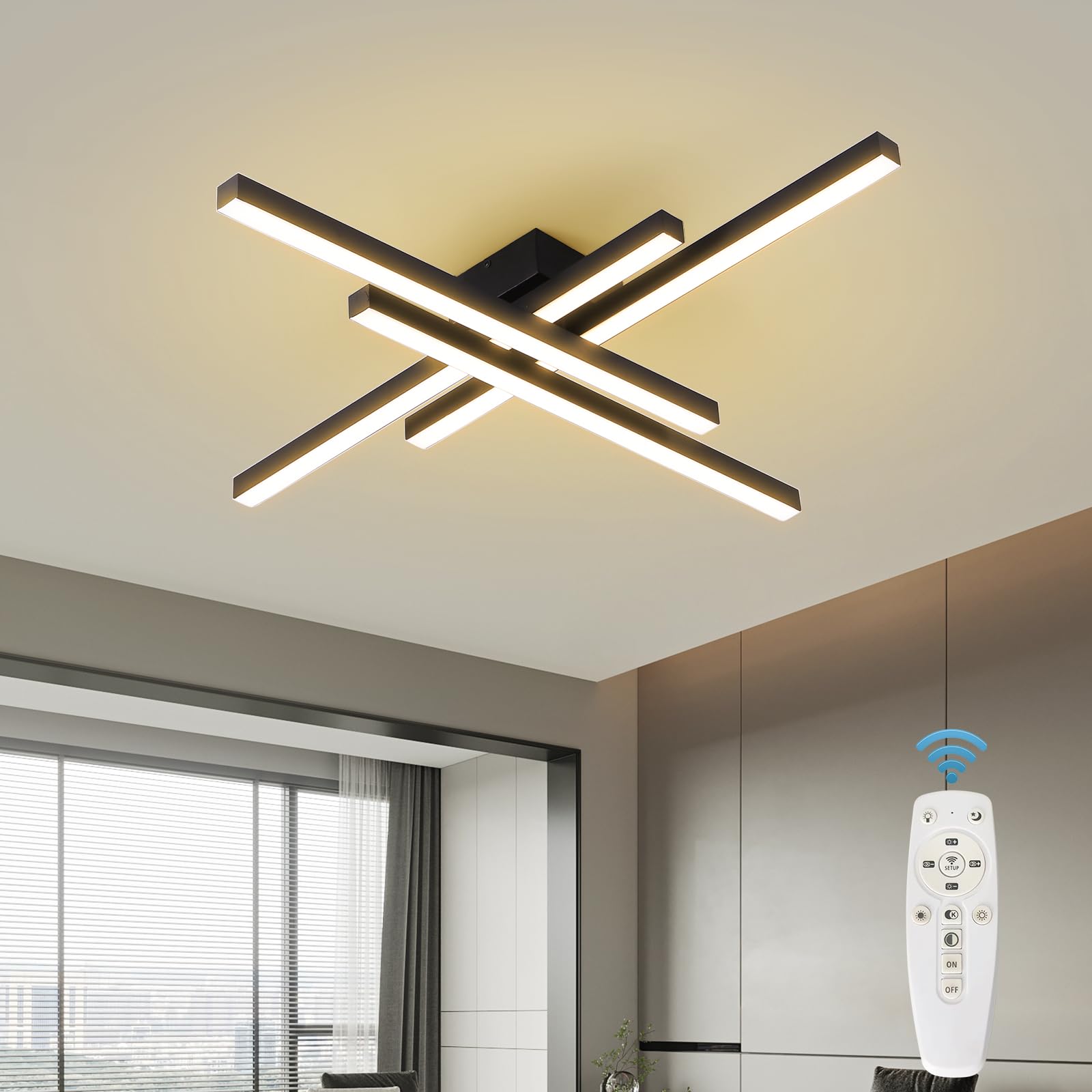 Jaymp Modern Ceiling Light With Remote, 43.3'' Black Sputnik Ceiling Lamp, 64W Dimmable Led Lighting Fixture For Dining Room, Li