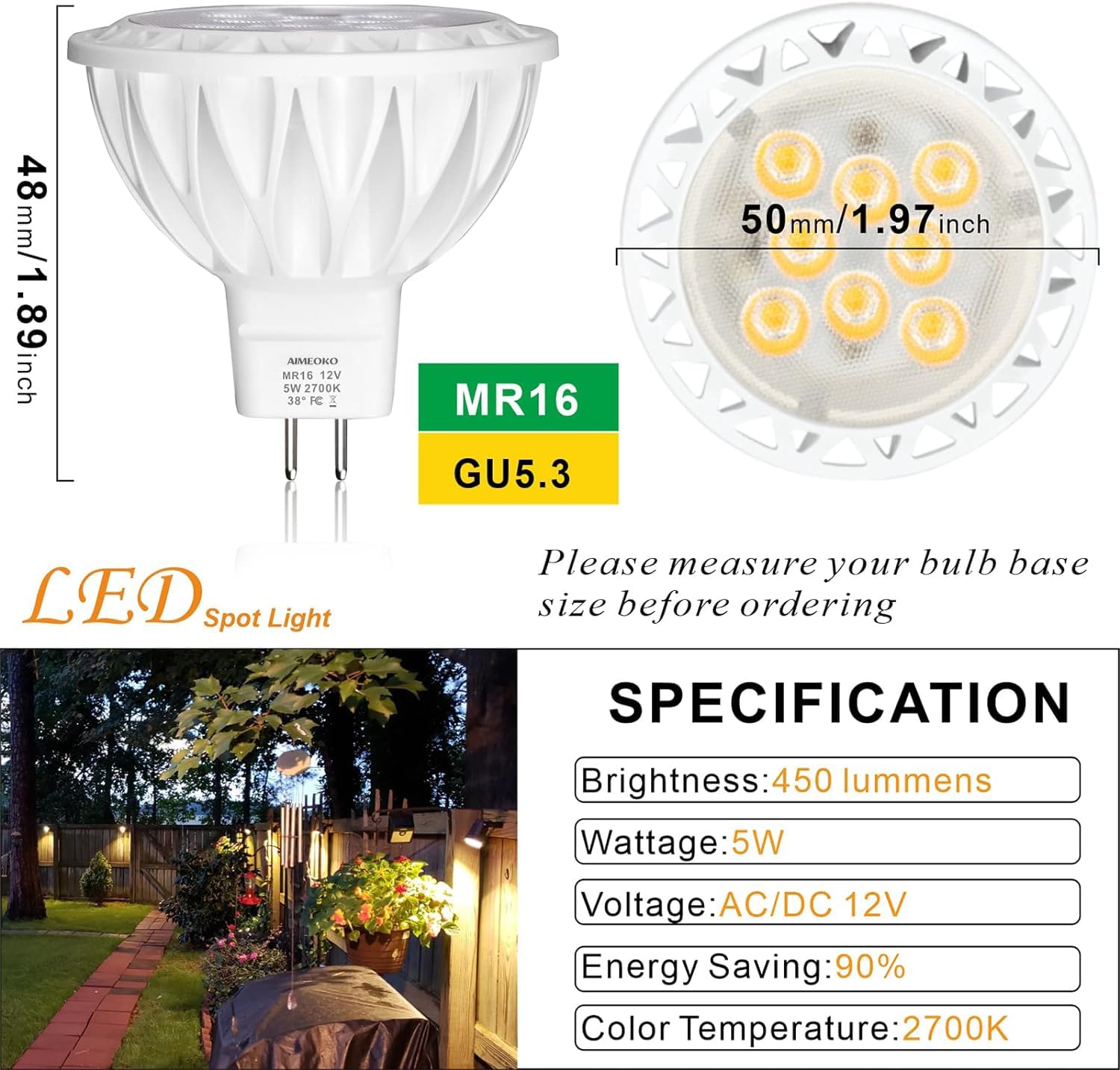 Aimeoko Mr16 Led Bulb Light Bulbs 6 Pack, 5W (50W Halogen Equivalent) 2700K Warm White Gu5.3 Base 12V Spotlight Non-Dimmable 38