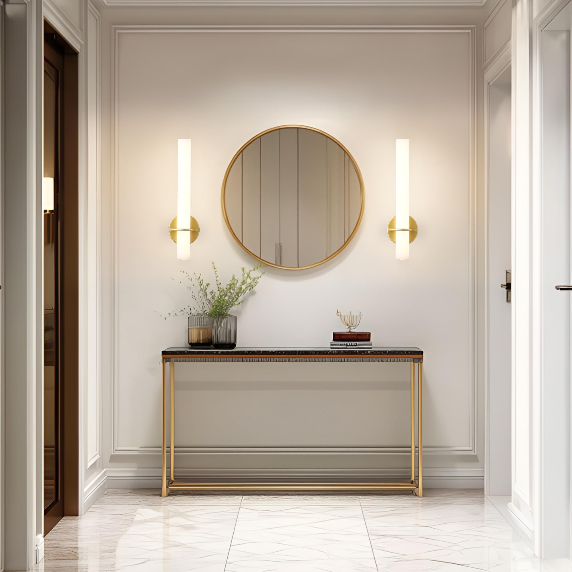 KARTOOSH Gold Battery Operated Sconce Set of 2, 18 Inch Dimmable Wireless Wall Lights with Remote Control, 3000K-6000K