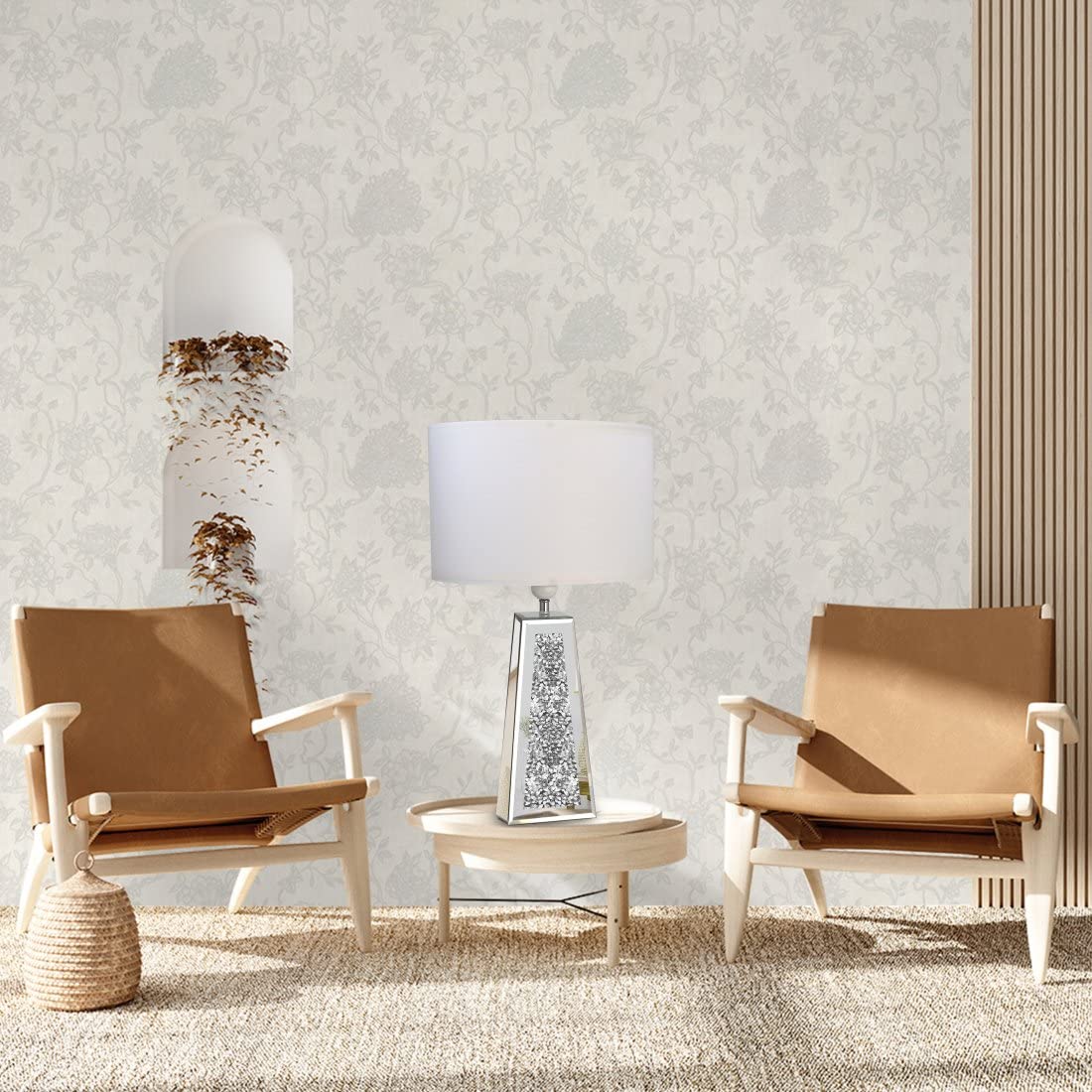 GOTHICO LED Table Lamp Set of 2, Silver Mirror Base, White Linen Shade, 20.7" Height, Modern Decor for Living Room & Bedroom