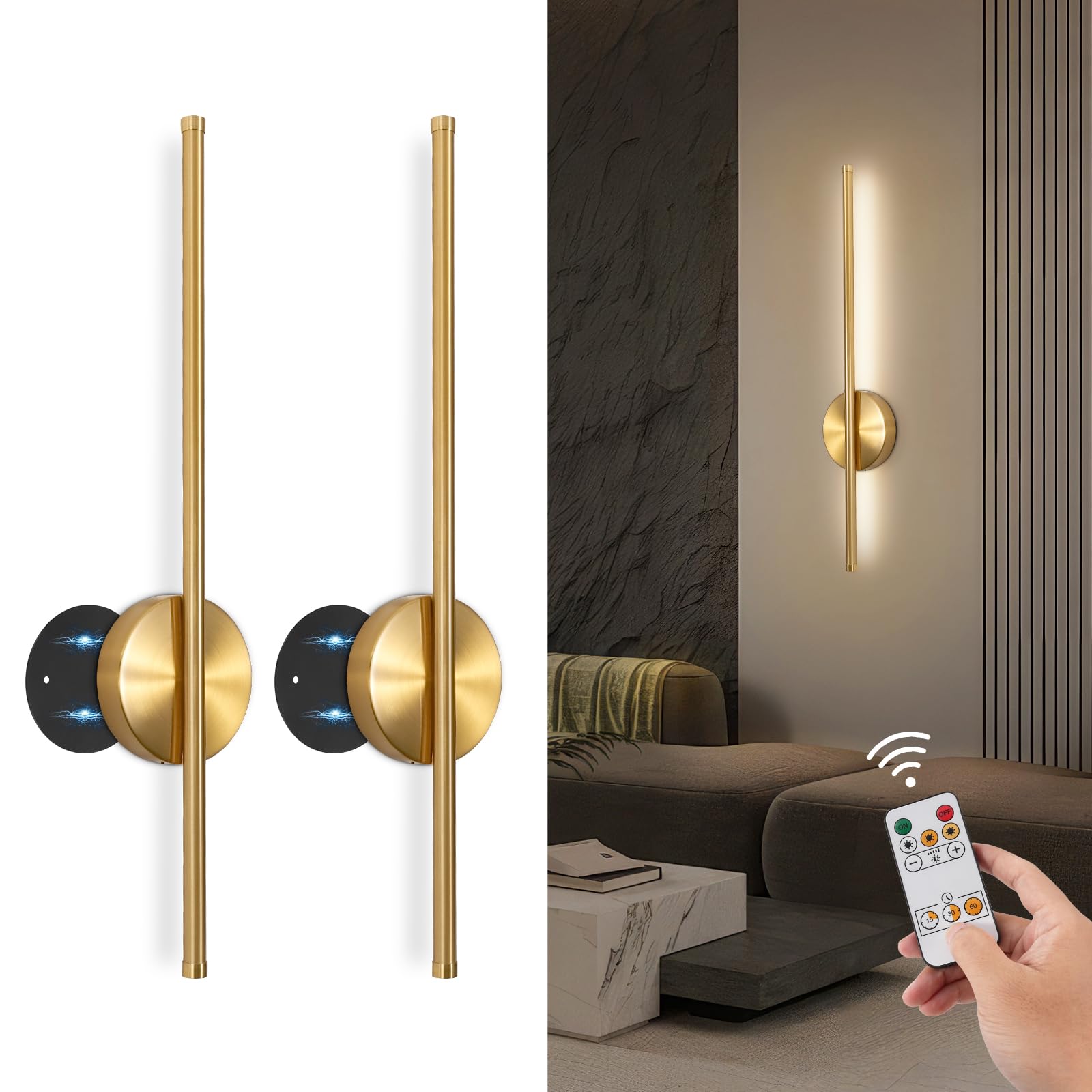 TaoFiaCo Battery Operated Wall Sconces Set of 2, Dimmable Metal Light Decor, 24 Inch, Gold, Model DK-US303
