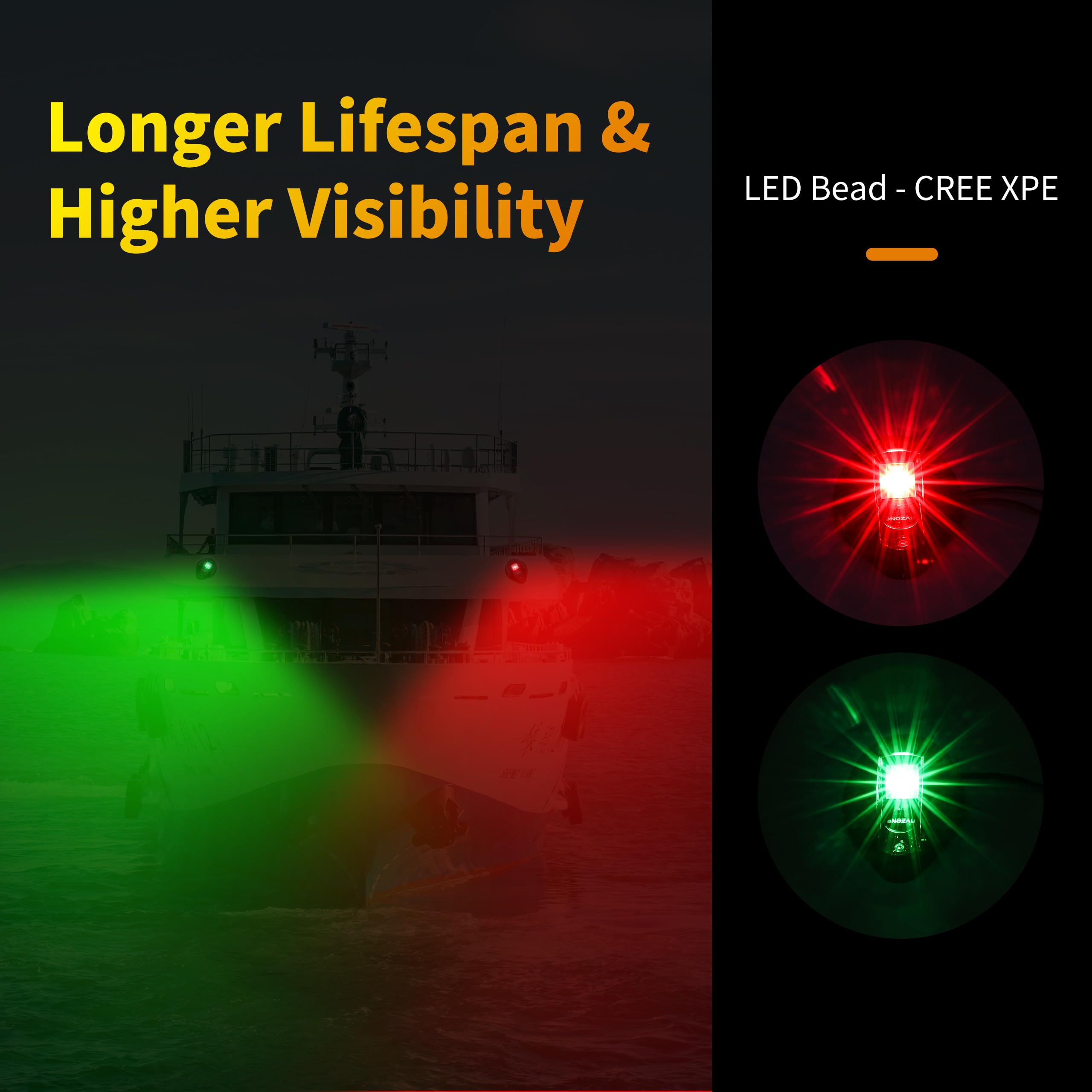 RVZONE LED Boat Navigation Lights - Red & Green IP67 Waterproof Bow & Stern Lights for Pontoon & Yacht - Black Model RFNB2PK01