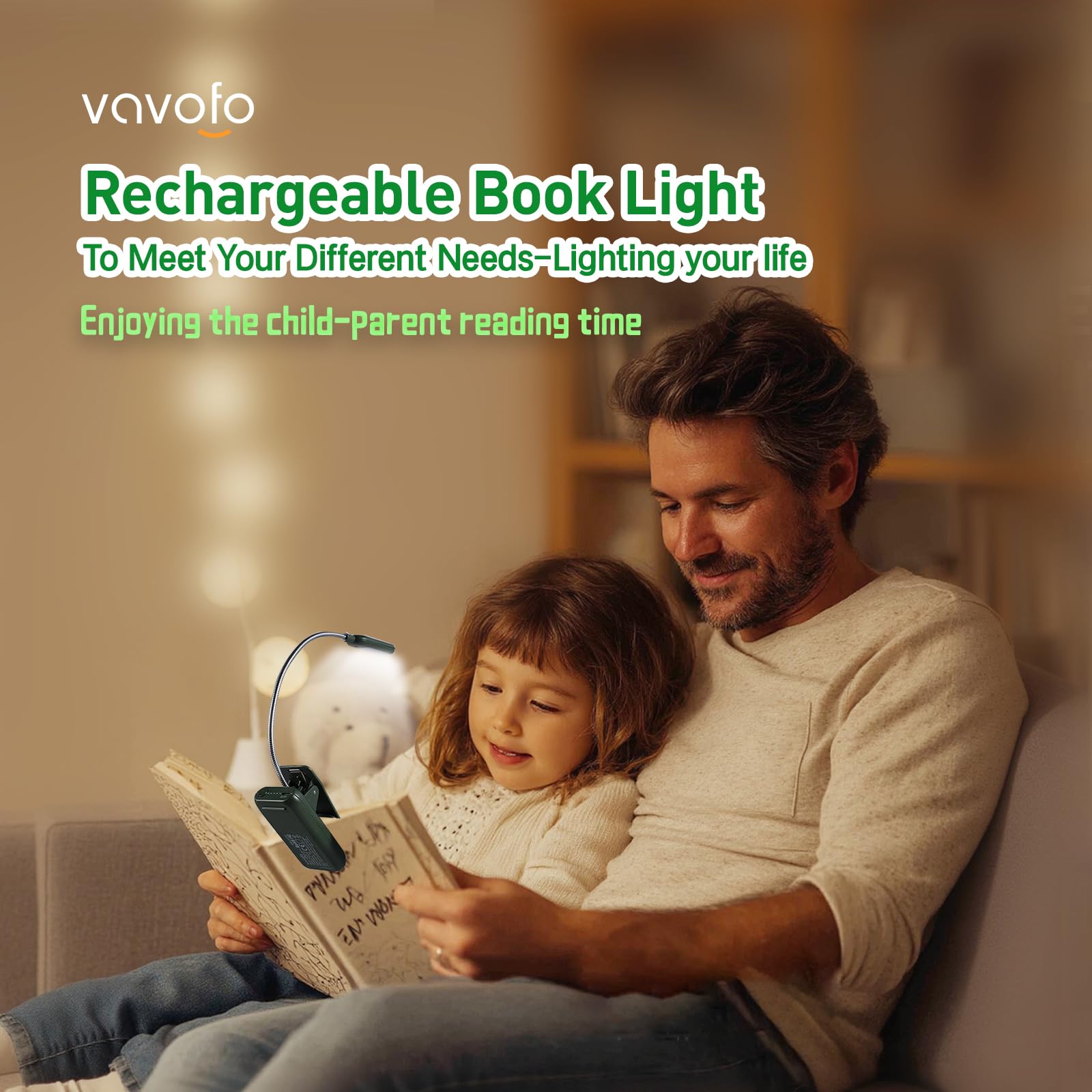 VAVOFO Rechargeable Book Light, 7 LED Eye Care Lamp, 9-Level Warm Cool White, Garden Green, Model KM-6720