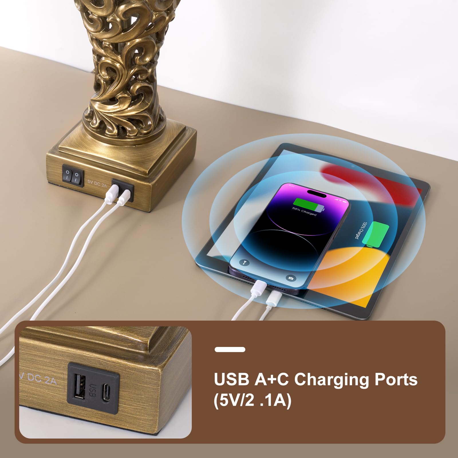 28.5'' Table Lamps Set Of 2 For Living Room, Vintage Bedside Lamps With Usb A+C Ports & Nightlight, Farmhouse Nightstand Lamps W