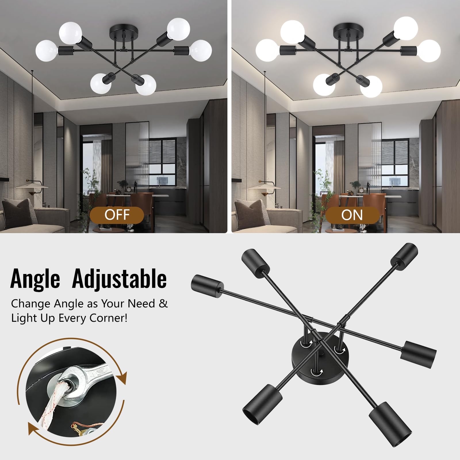 Maichixin 6-Light Ceiling Light Chandelier, Modern Metal Fixture, Black, Semi Flush Mount