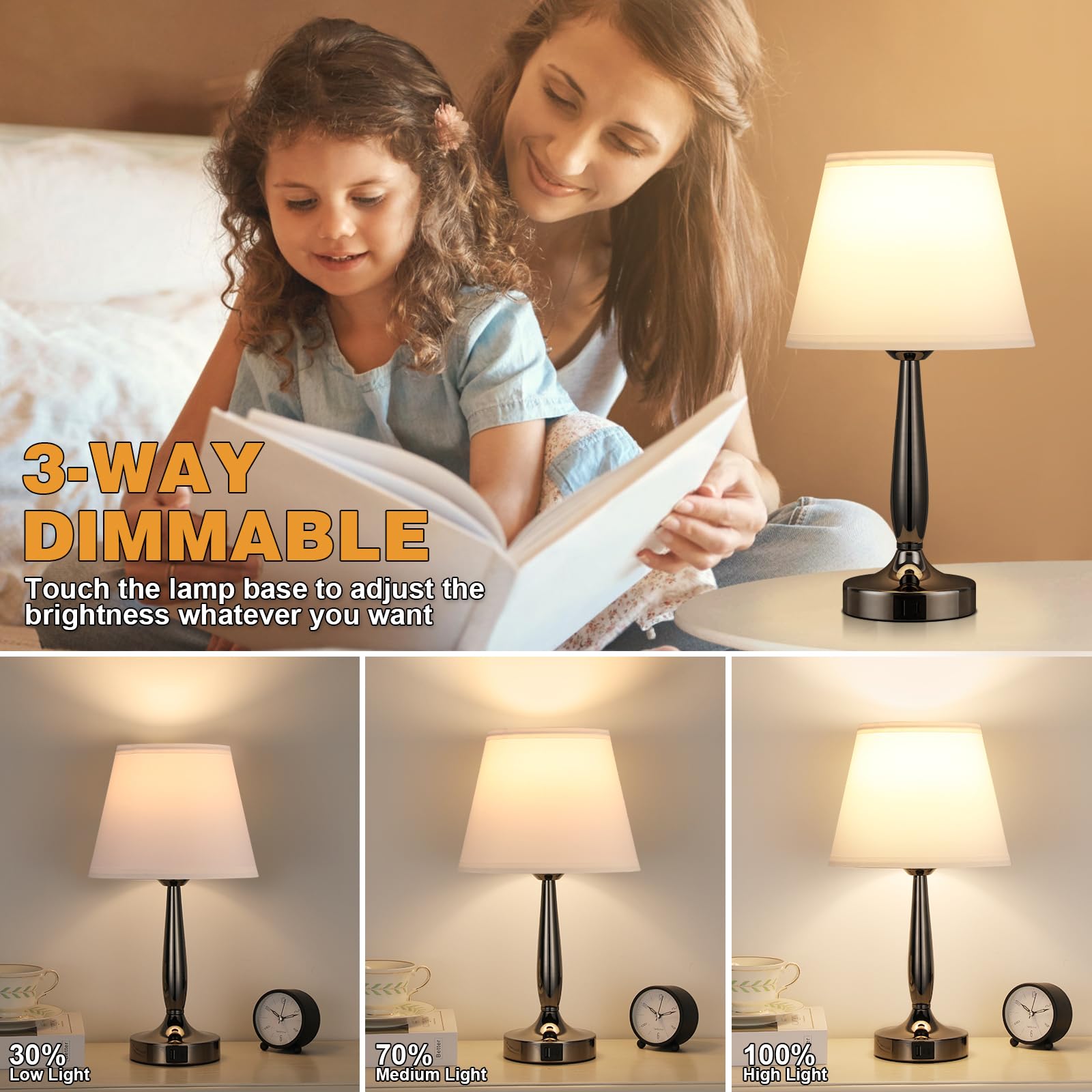 Kakanuo Touch Table Lamp with USB C Port, 3-Way Dimmable, White, Metal, LED Bulb Included