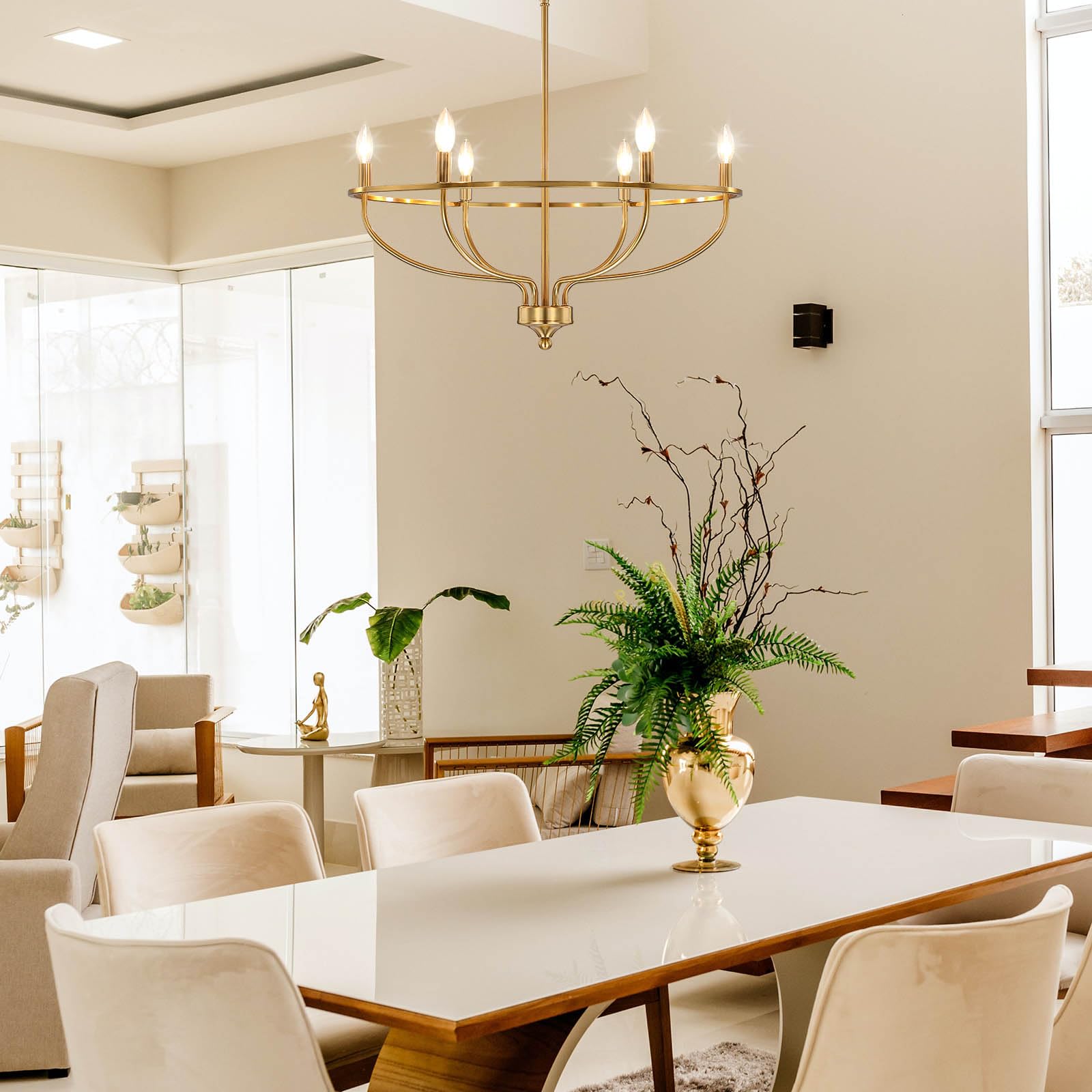 Gold Chandelier For Dining Room, 28.5 Inch Diameter Modern Farmhouse Candle Chandelier Light Fixture Over Table, 6-Light Brass C