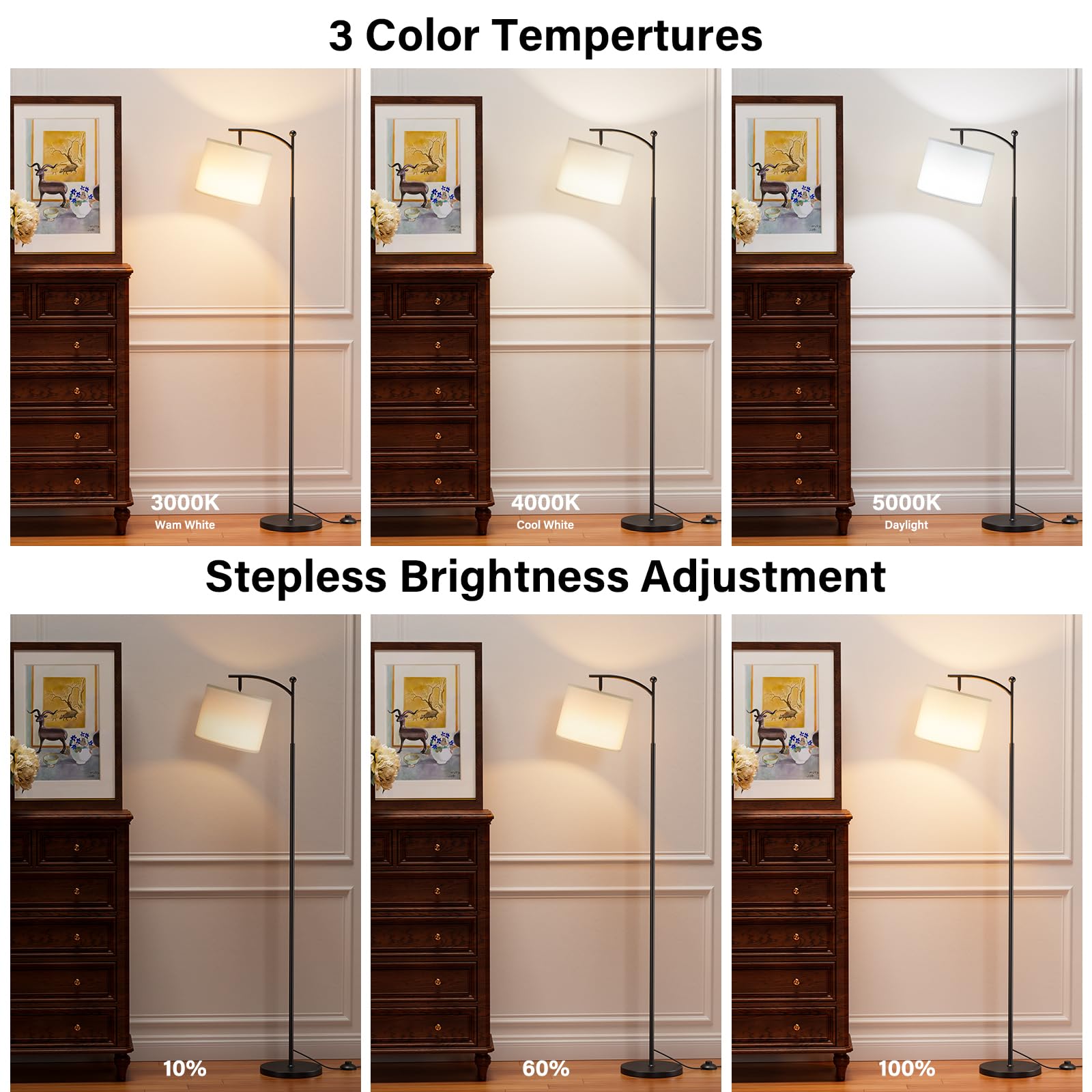 60'' Floor Lamps With Remote Control & Bulb, Colors Temperature & Brightness Adjustable, White Shade & Black Pole