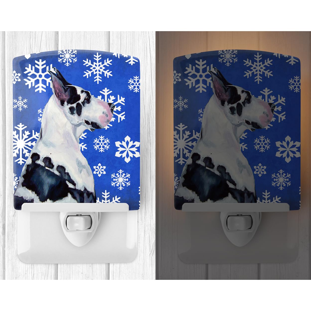 Caroline'S Treasures Lh9281Cnl Great Dane Winter Snowflakes Holiday Ceramic Night Light Compact, Ul-Certified, Ideal For Bedroom, Bathroom, Nursery, Hallway, Kitchen, 6X4X3, Multicolor