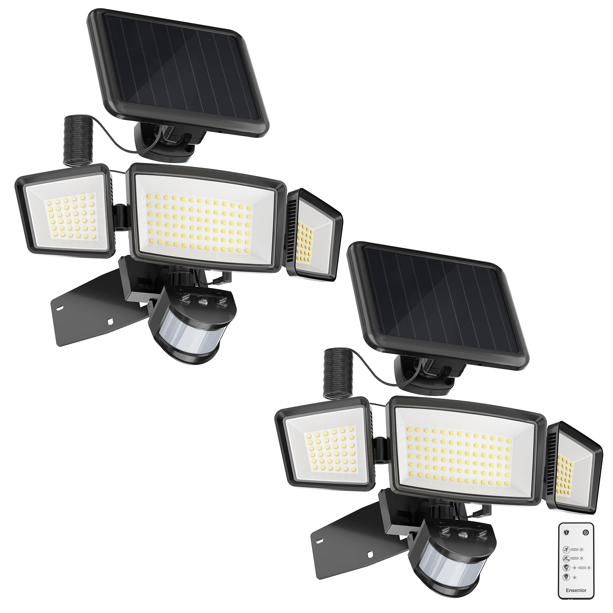 Ensenior Solar Flood Lights, Motion Sensor, 1800LM, IP65 Waterproof, 2 Pack, Black, Model AQ1-10I-60K-02-BL-M01
