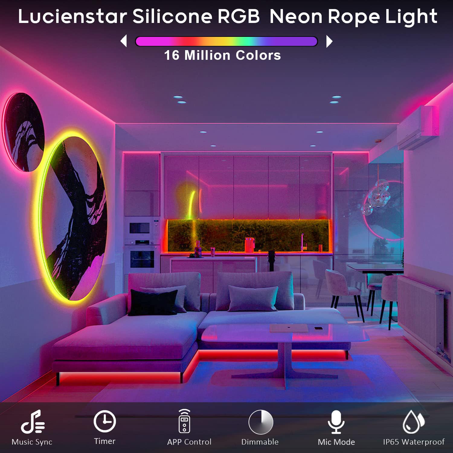 Lucienstar 16.4Ft Rgb Neon Rope Lights, Waterproof Led Strip, App/Remote Control, Music Sync, Flexible Silicone For Outdoor/Indoor Decor
