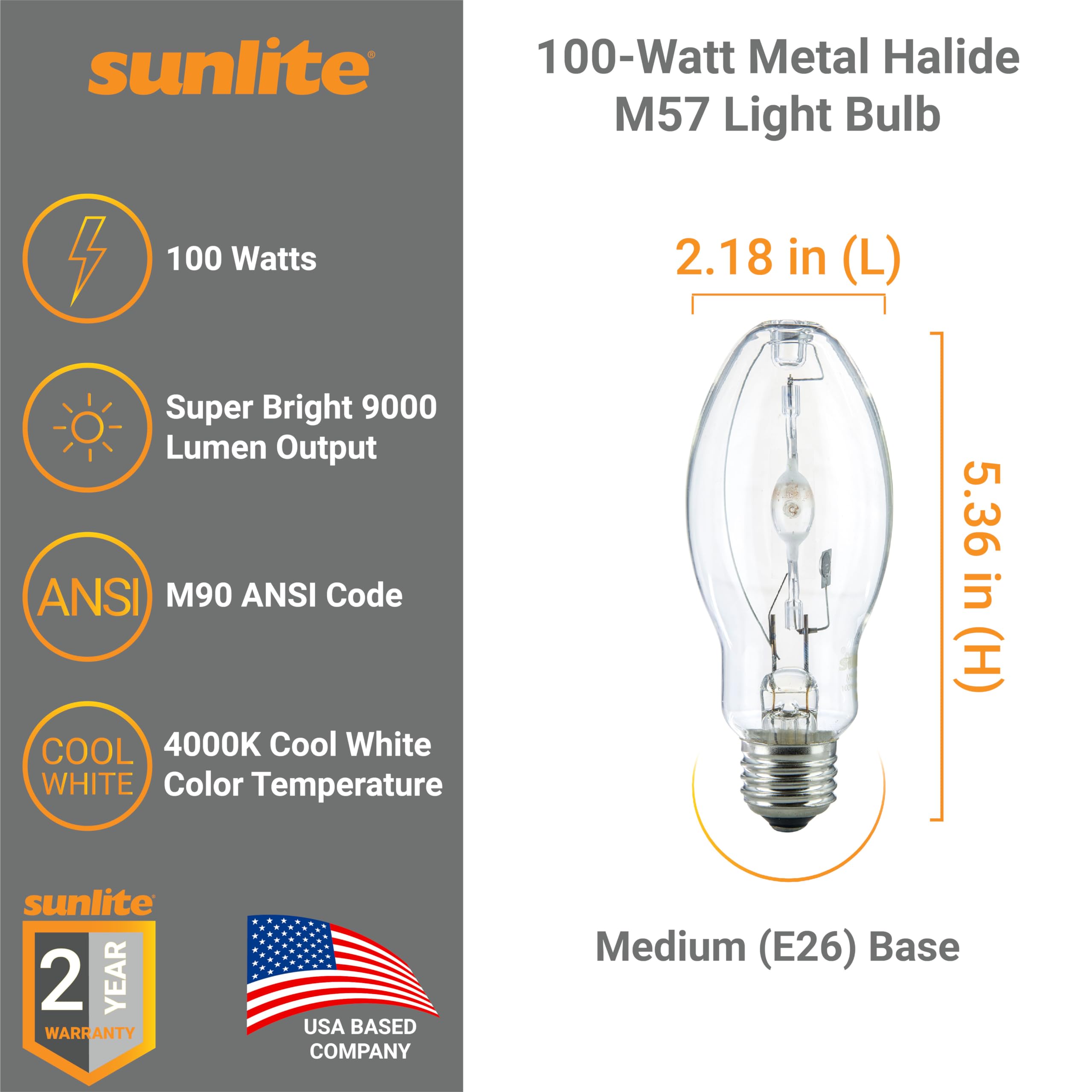 Sunlite 03645-Su Mh100/U/Med M90 Metal Halide Lamp, 100 Watts, Pulse Start, Medium Base (E26), Ed17, 12,000 Hours Life, 9000 Lum