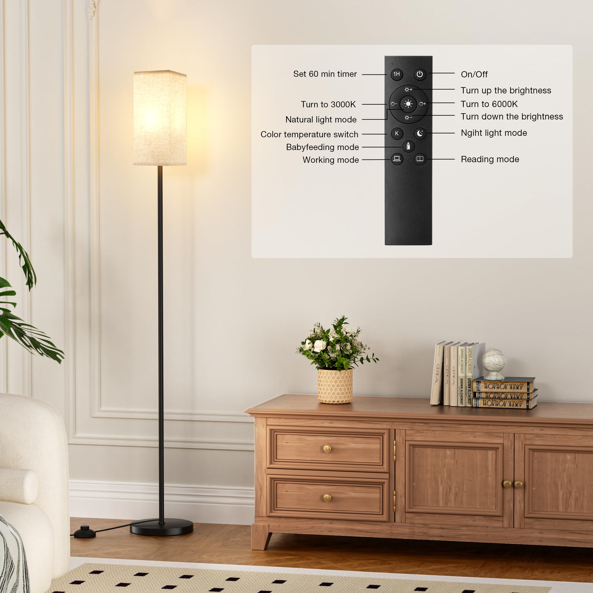 Ambimall 64'' Tall Floor Lamp with Remote Control, Stepless Dimmable Bulb, Beige Lampshade & Metal Base, Perfect for Living Room