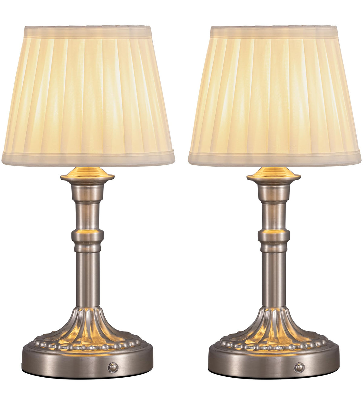 KDG Cordless Portables Table Lamp Set of 2, LED Fabric Shade Small Desk Lamps, 5000mAh Battery Powered Lighting, 2700K Stepless Dimmable Light for Living Room, Dining Room, Bedroom, Bedside (Nickel)