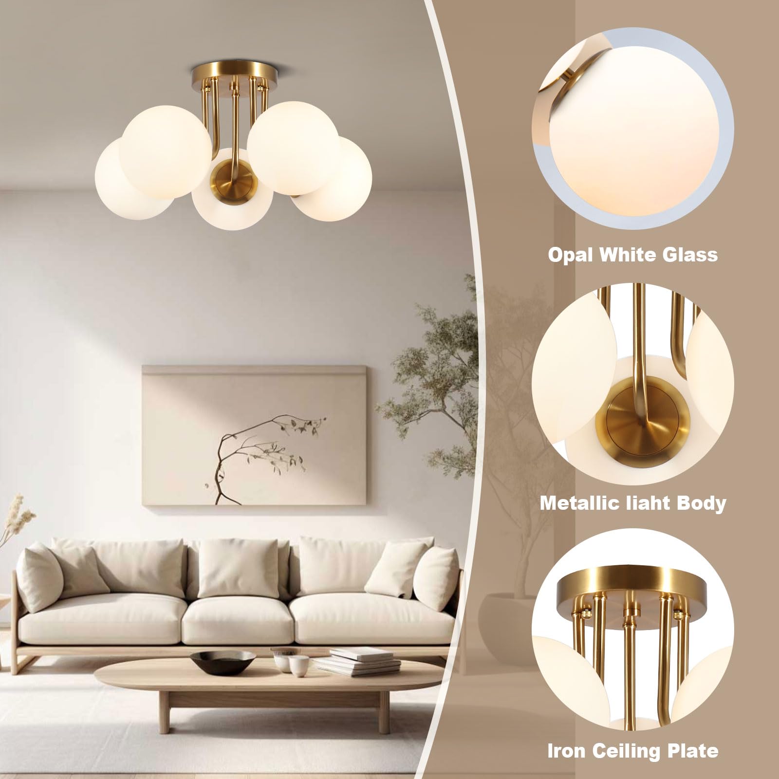 Bektas 5-Lights Semi Flush Mount Ceiling Light Fixture, Brushed Gold, Milk Glass Globe, Model 305-230758BA-US479, Ideal for Living Room & Bedroom