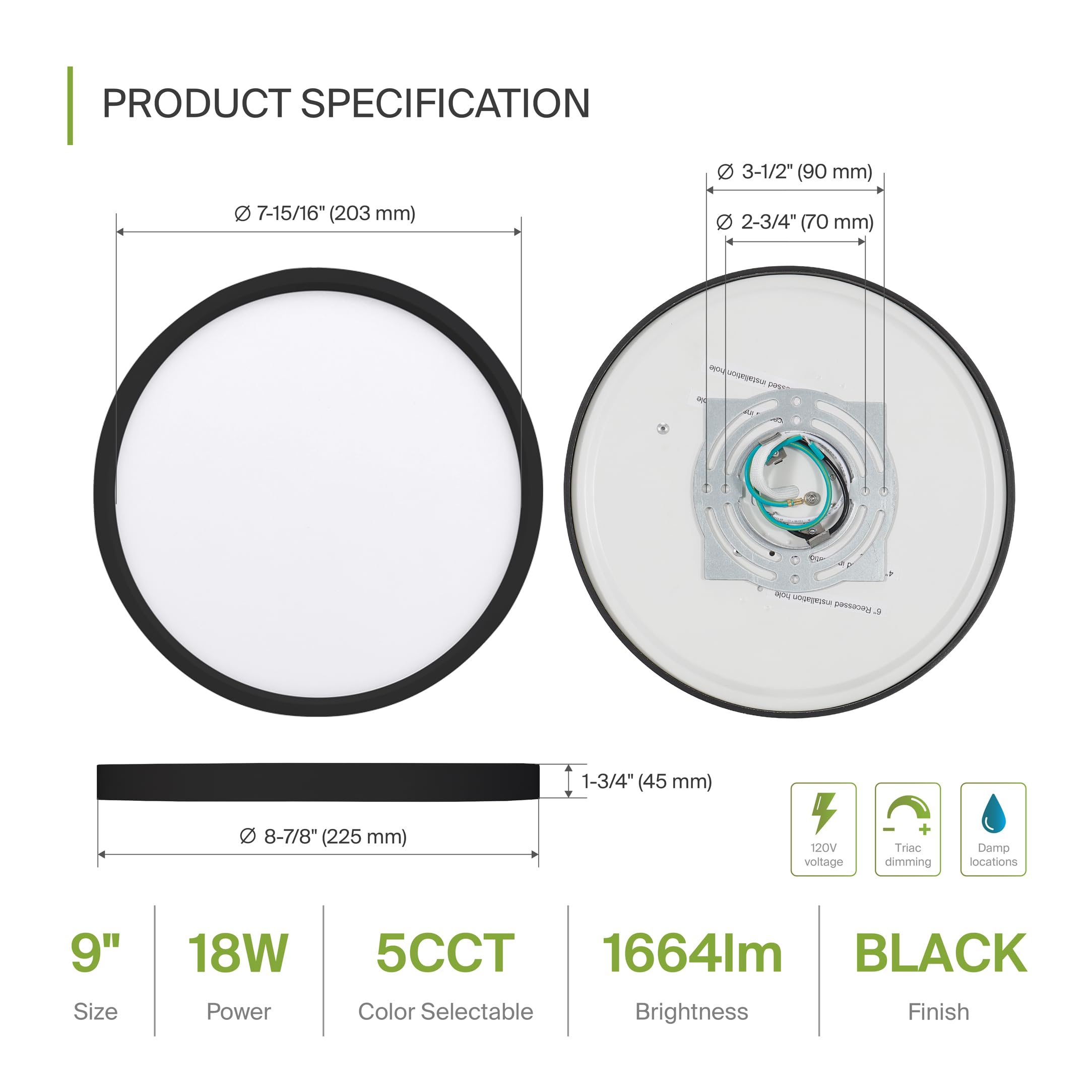 ASD LED Ceiling Light Fixture, Dimmable, 18W 1660LM, 9 Inch, Black, 6 Pack, Ultra Slim, ETL Listed