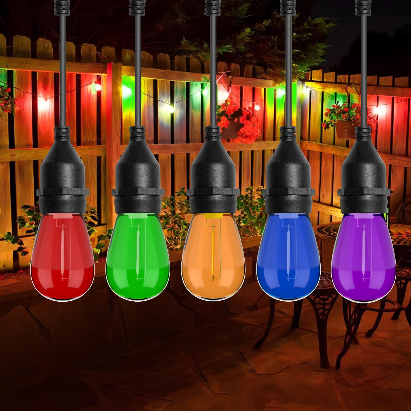 VISTERLITE S14 Colored LED String Lights, 15 Pack, Shatterproof Plastic, E26 Base, Multi-Color (Red/Green/Blue/Purple/Orange)
