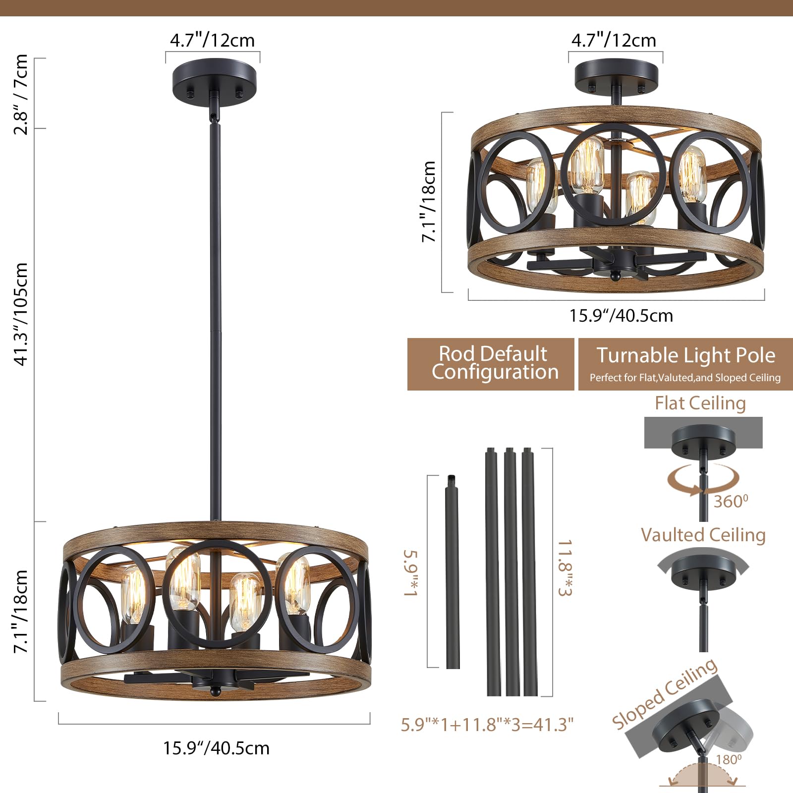 peskoe Black Drum Ceiling Light, 4-Light Rustic Chandelier, 15.9'' Metal Pendant for Dining Room, Bedroom, Kitchen, and Hallway