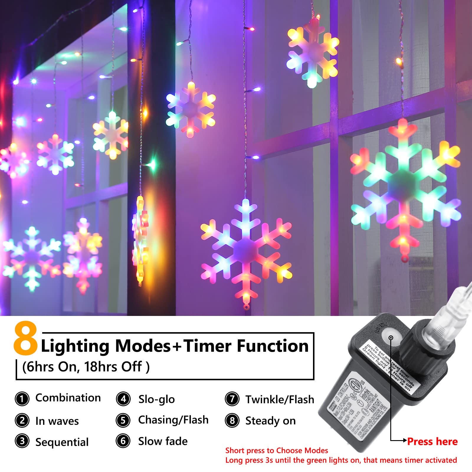 Toodour Christmas Snowflake Lights Outdoor, 17.22Ft 264 Led Snowflake Icicle Lights With 22 Drops, Connectable, 8 Modes Waterproof Christmas Lights For Curtain, Eaves, Window, Xmas Decor - Multicolor