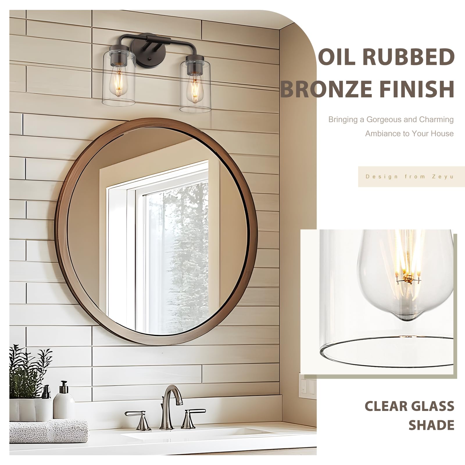 Zeyu 2 Light Bathroom Vanity Light  Farmhouse Wall Sconce Lighting For Bathroom  Clear Glass Shade  Oil Rubbed Bronze Finish  Zs62B-2W Orb