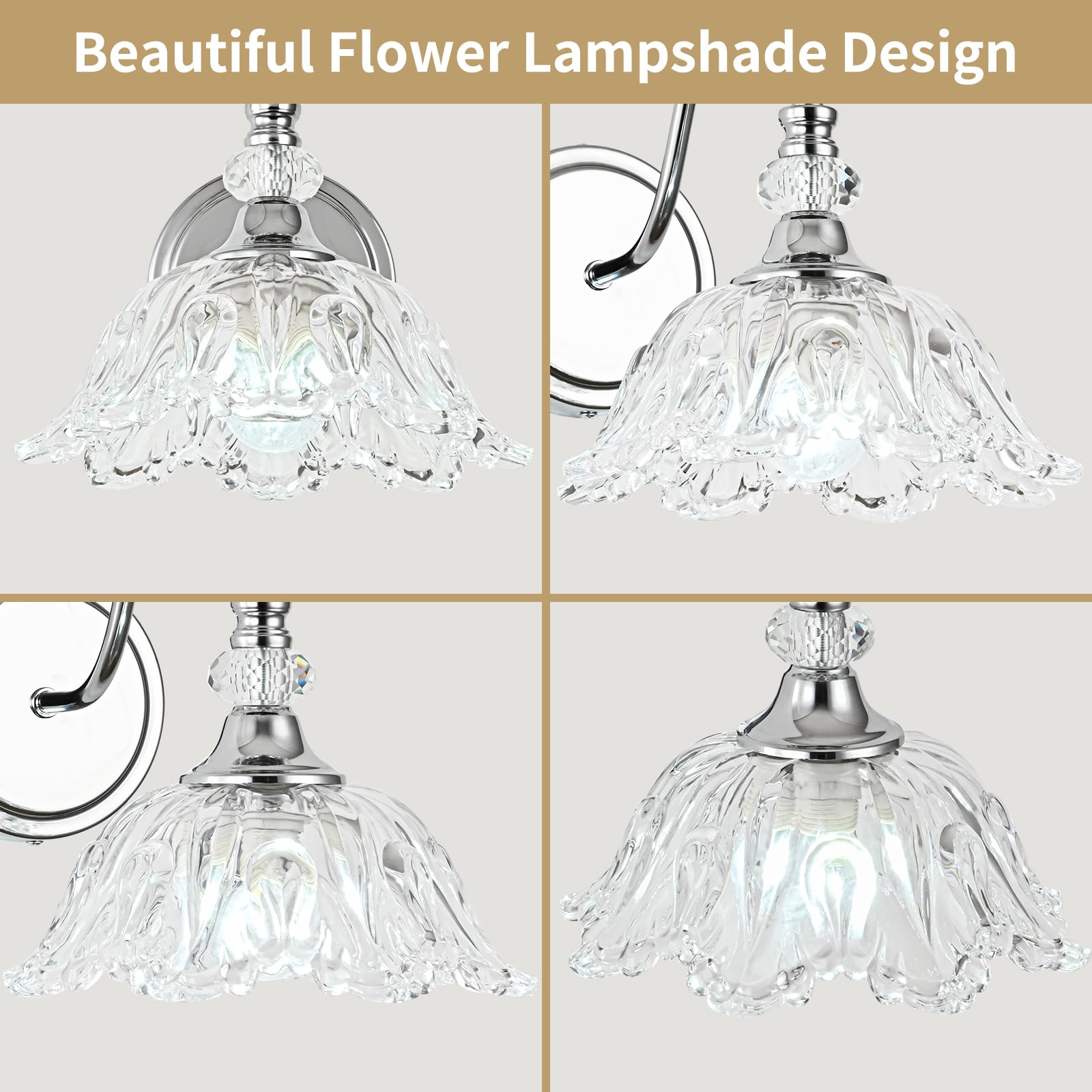 sunkryster Chrome Wall Sconce - 1-Light Modern Bathroom Vanity Light with Floral Glass Shade, Model Sun-104AB-1-Chrome