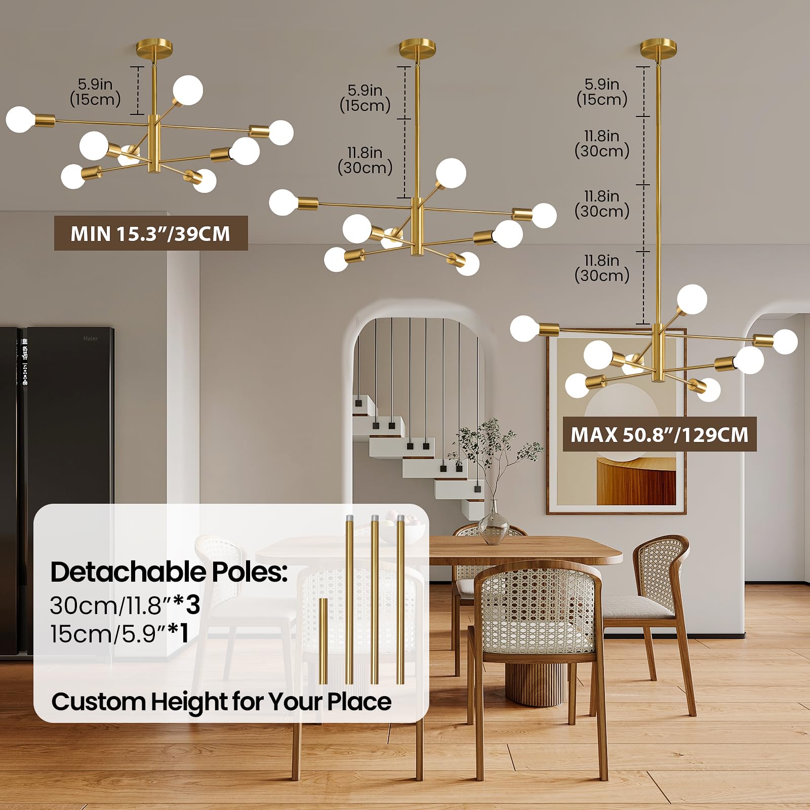 Kaisite Modern Chandelier Sputnik Ceiling Light Fixture 8-Light Gold Chandelier Dining Room Light Over Table Height Adjustable M