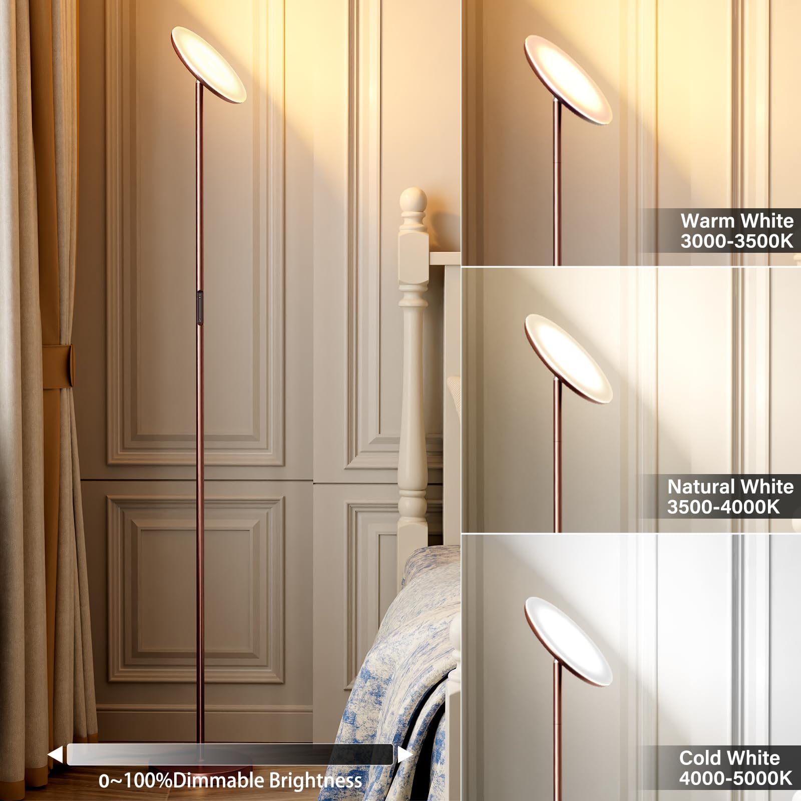 PreeOtti Modern LED Floor Lamp, Remote & Touch Control, Dimmable, 3 Color Temps, Large, Brown