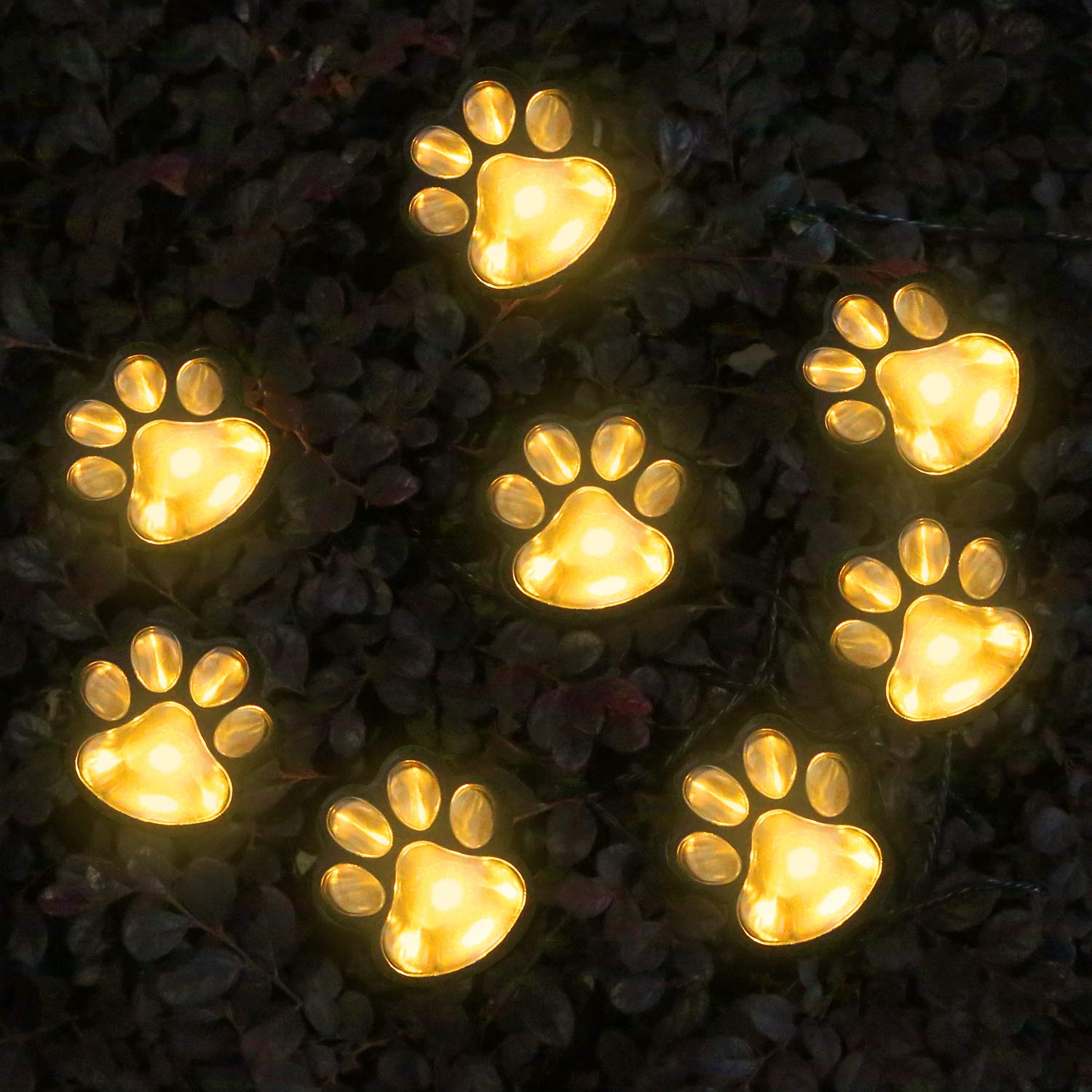 Aiddomm Solar Paw Print Lights - 16.8Ft Cat Dog String Lights, Set Of 8, Warm White Outdoor Decor