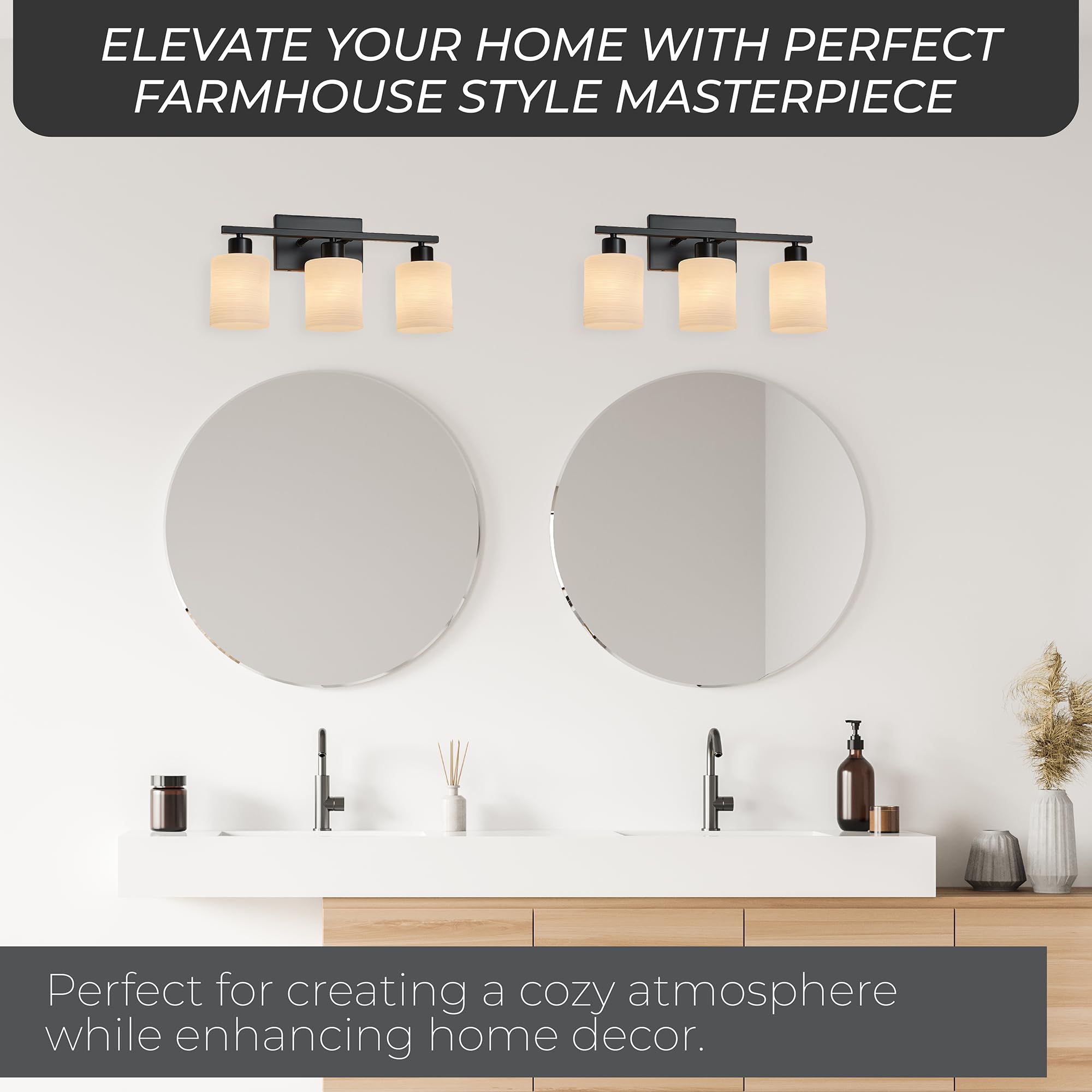 The Door Bull Modern Bathroom Vanity Light, Matte Black, 3 Lights, Milky White Glass Shades, E26 Socket, VNT-1000