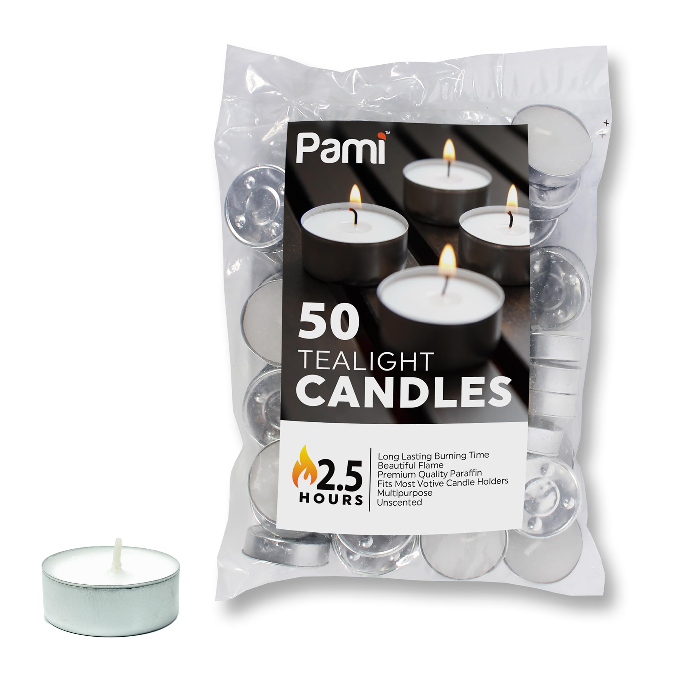 PAMI Unscented Round Tea Light Candles, 1 Inch, 50 Pack, 2.5 Hours Burn Time, White, Paraffin Wax