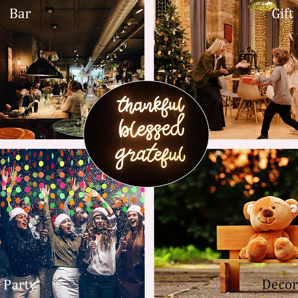 QiaoFei Neon Sign LED Wall Decor, Thankful Blessed Grateful, Warm White, Dimmable, for Home, Bar, Party, Christmas Gift