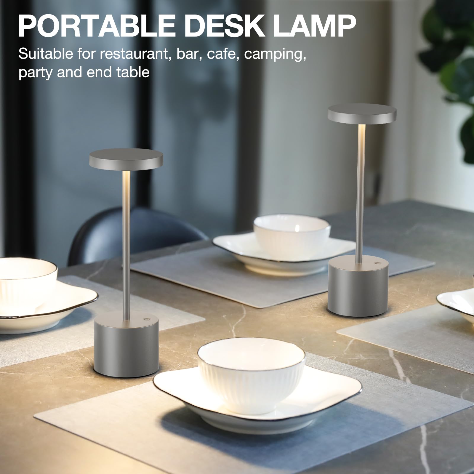 Kakanuo Grey Rechargeable Cordless Lamp - Touch Control, 3 Color Temperature, Wireless Battery Operated Lamps, Stepless Dimmable