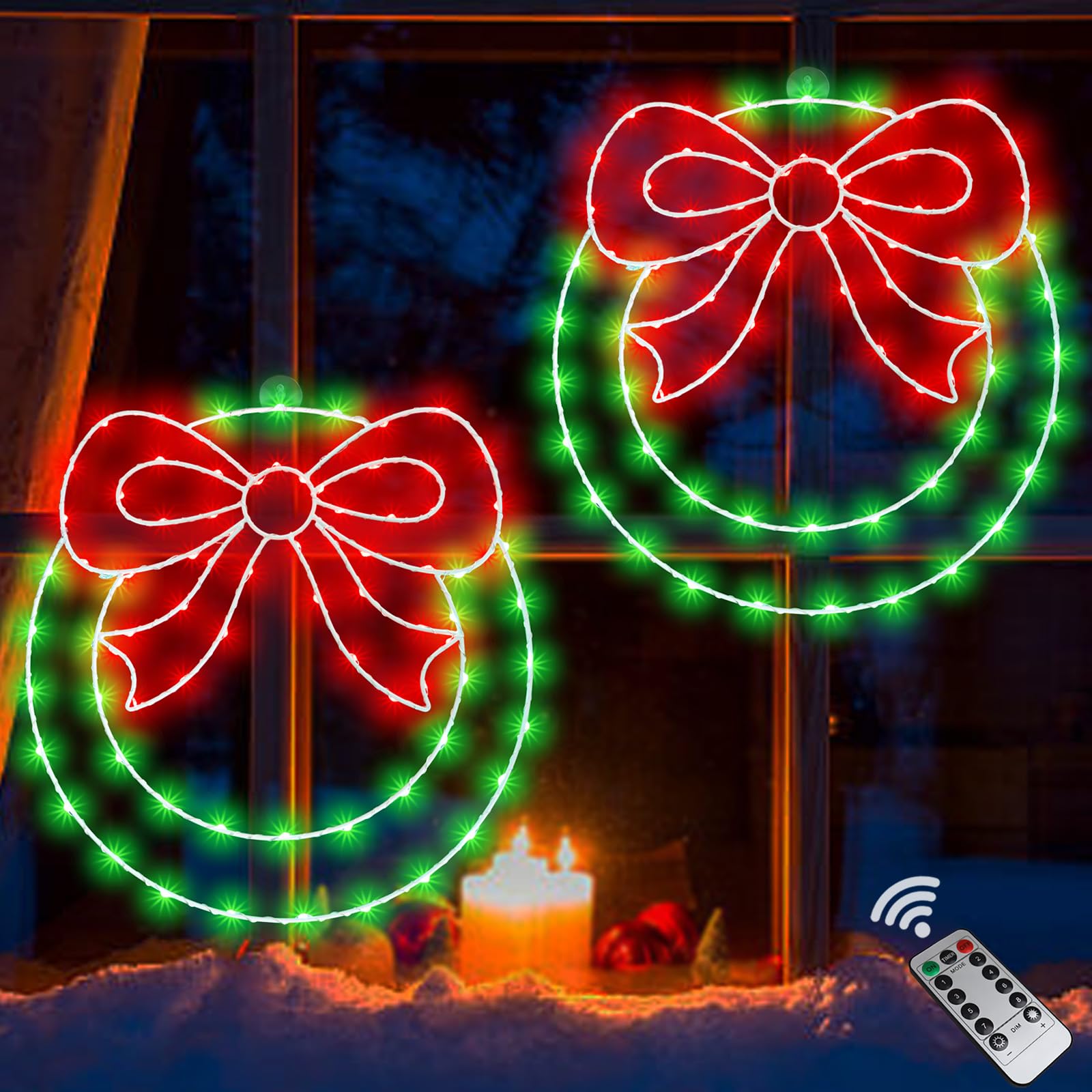 Zimati Christmas Wreath Window Lights Decorations, 2 Packs 14&quot; Christmas Window Lights with Bow, Timer Remote Control USB Powered Window Silhouette Lights for Door Home Winter Xmas Party
