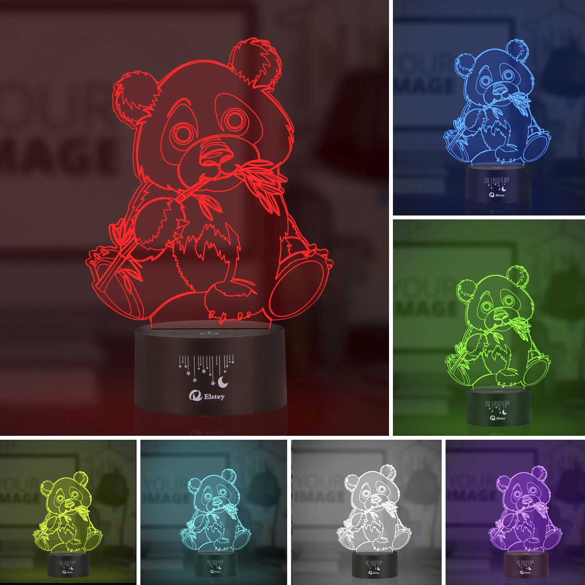 Giant Panda Bear 3D Illusion Lamps, Elstey 7 Color Changing Touch Table Desk Led Night Light Great Gifts For Kids