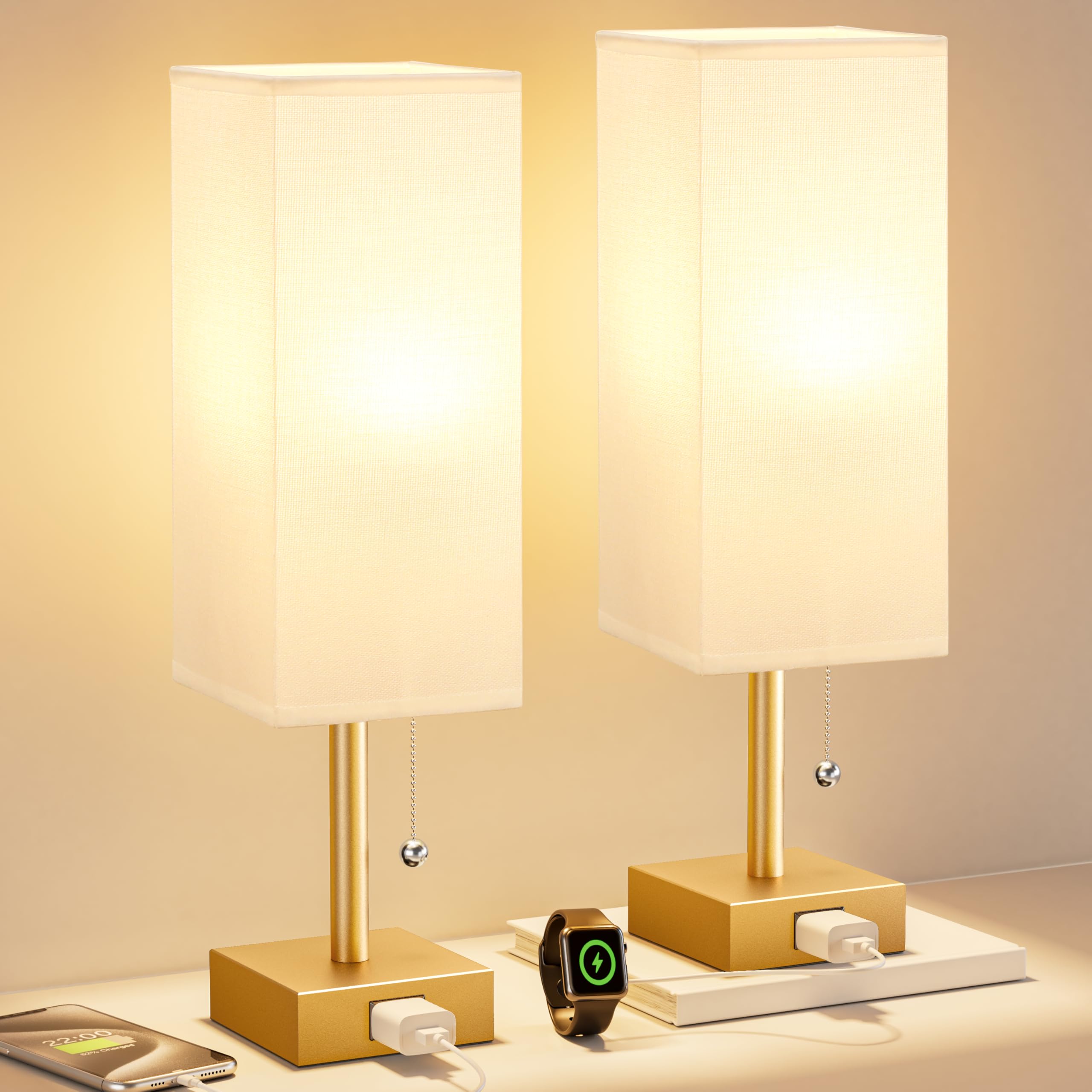 Gold Bedside Table Lamps for Bedroom - Small Nightstand Lamp Set of 2 with AC Outlet Charging Port, 3 Color Temperatures Rectang