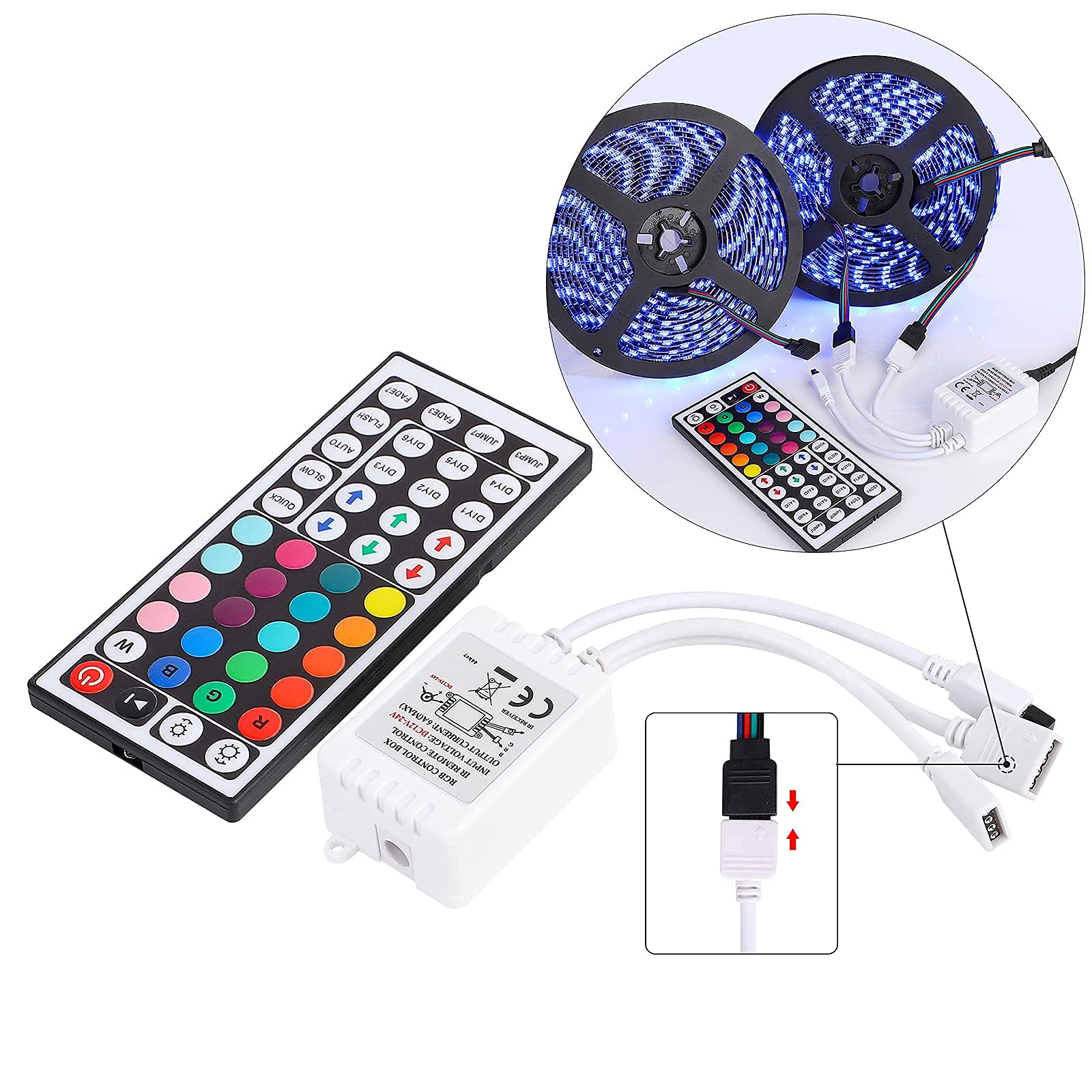 SUPERNIGHT RGB LED Strip Controller Box, 2-Ports with 44 Keys IR Remote, DC12V-24V, Red