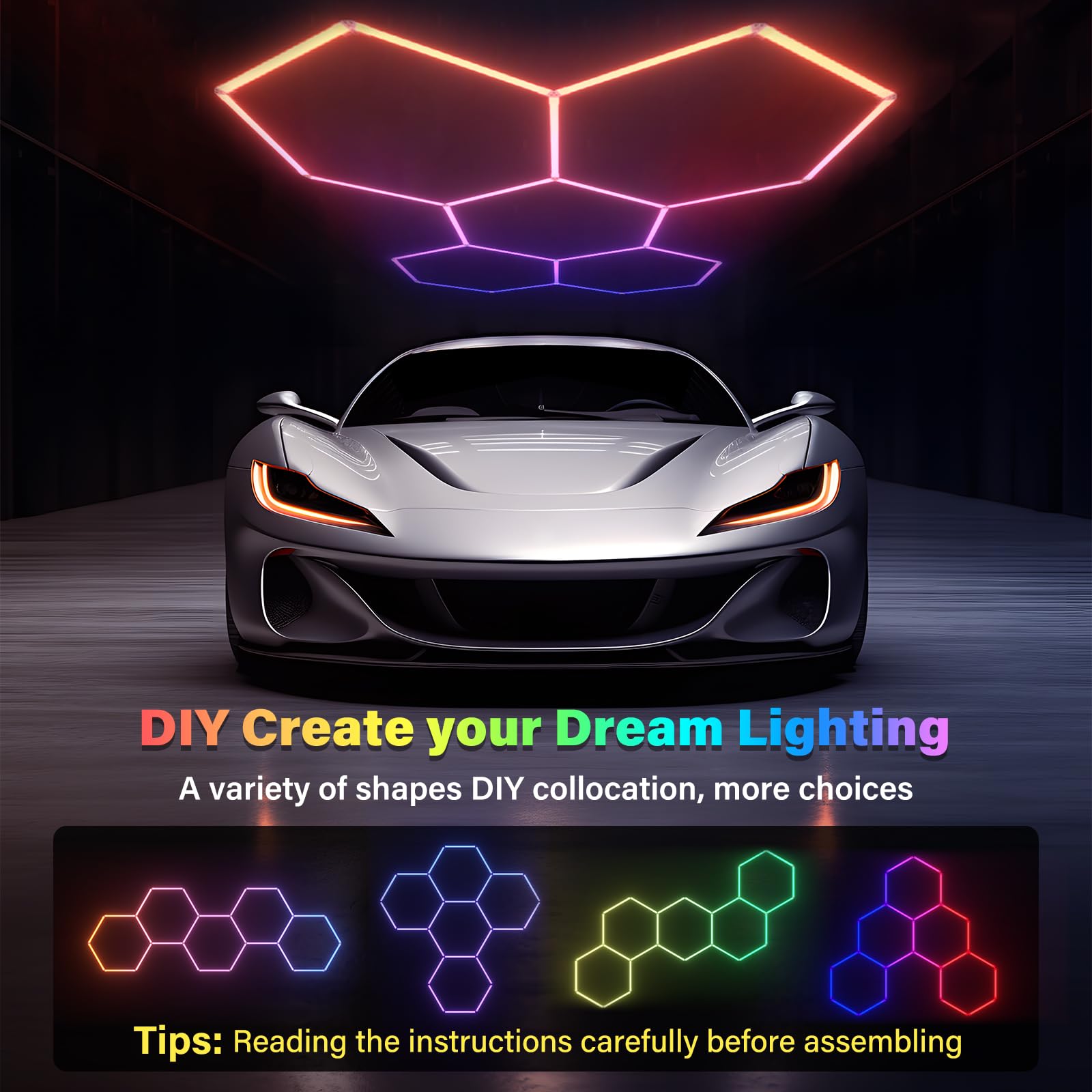 Allyes Hexagon Led Lights - Garage Hexagon Light With 358 Color Modes, Dimmable And Speed Adjustable Rgb Hexagon Wall Lights, Di