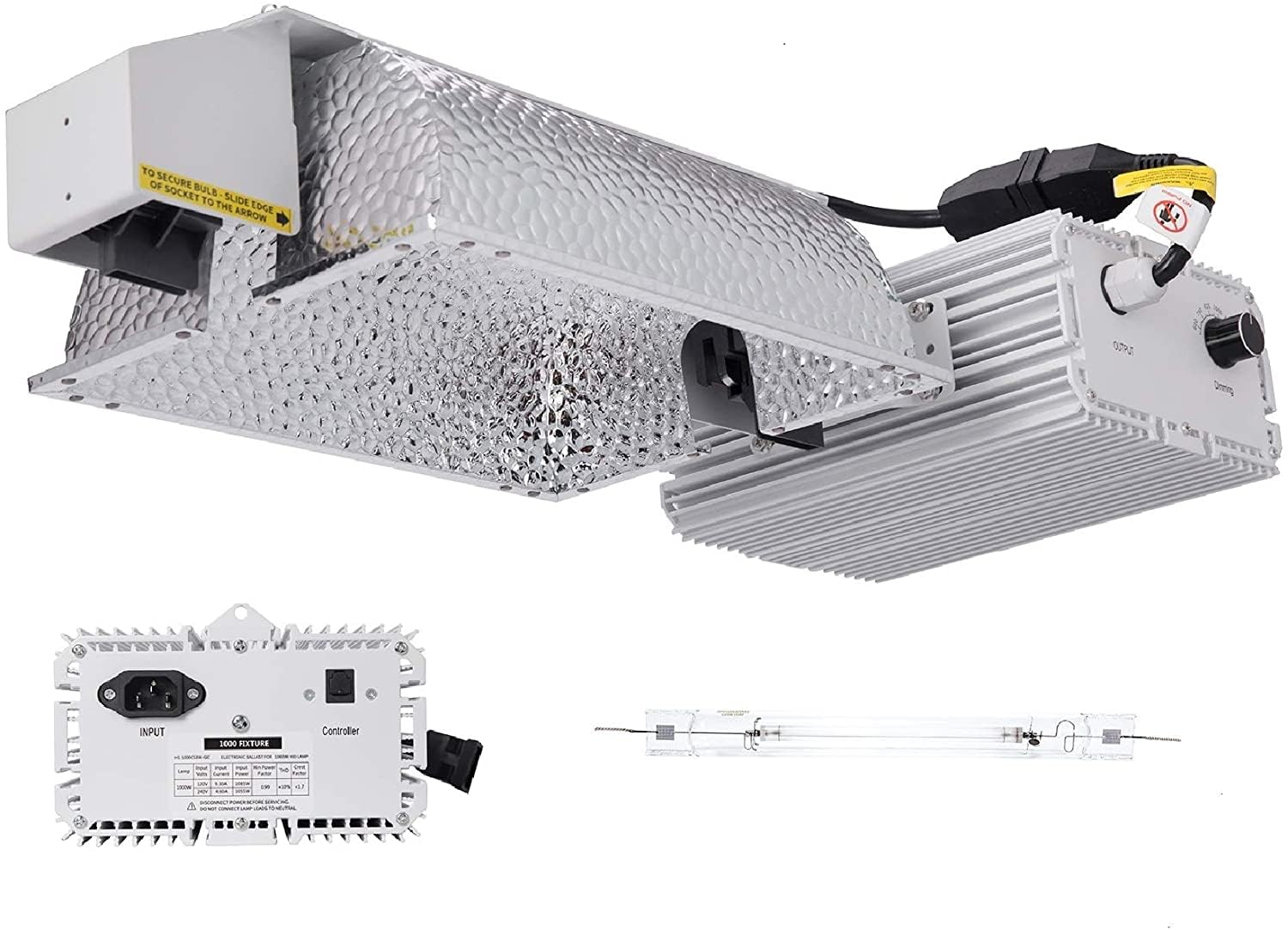 Generic Raylux 1000 Watt DE Grow Light System with Controller Port, Aluminum Reflector, Silver, Model 1, 2100K DE HPS Bulb