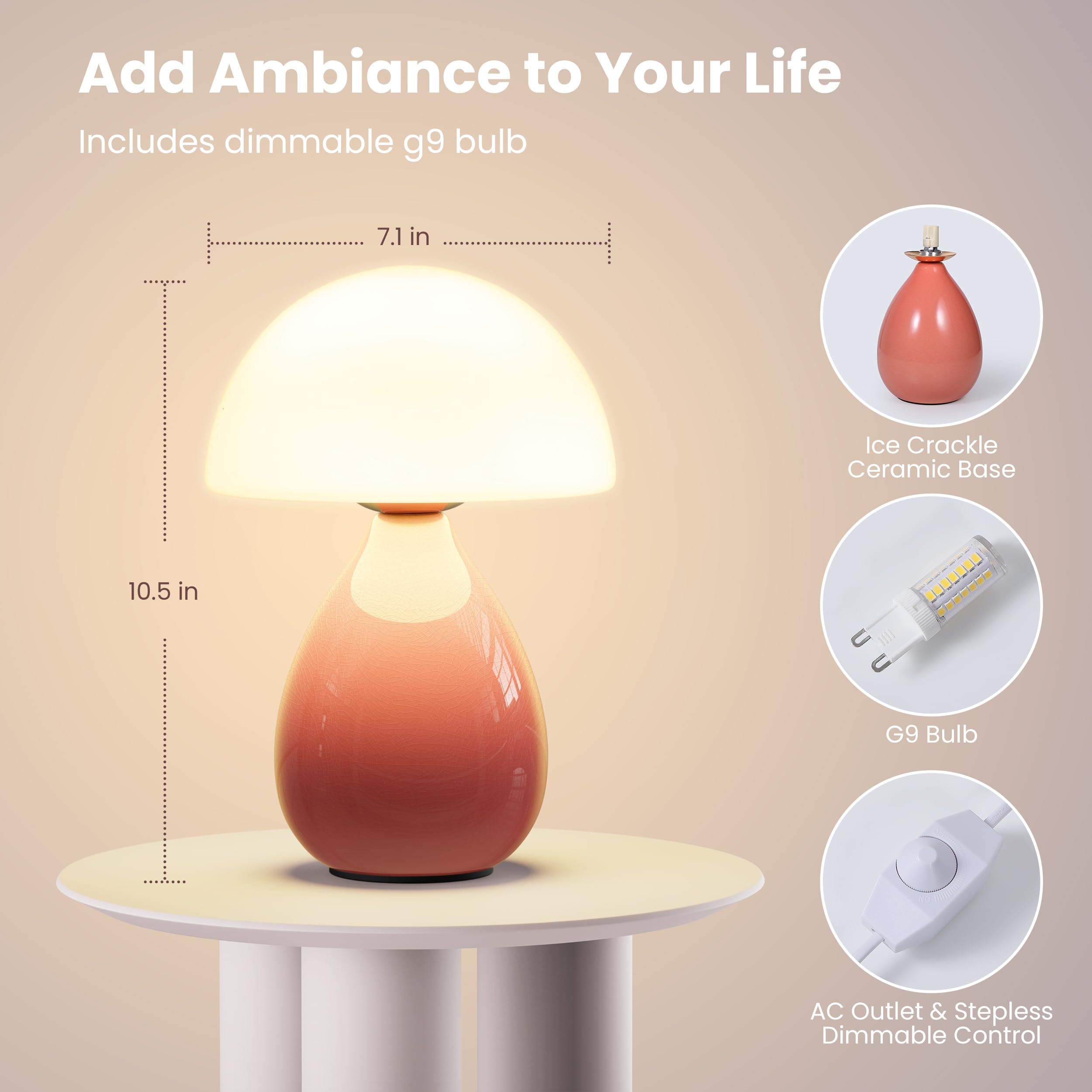 Vanbolon Mushroom Lamp Table Light  Mini Modern Lamp Bedside Small Table Nightstand Led  Small Light Dimmable For Bedroom  Living Room  Ceramic Base Glass Led Home Decor For Woman Children Gift